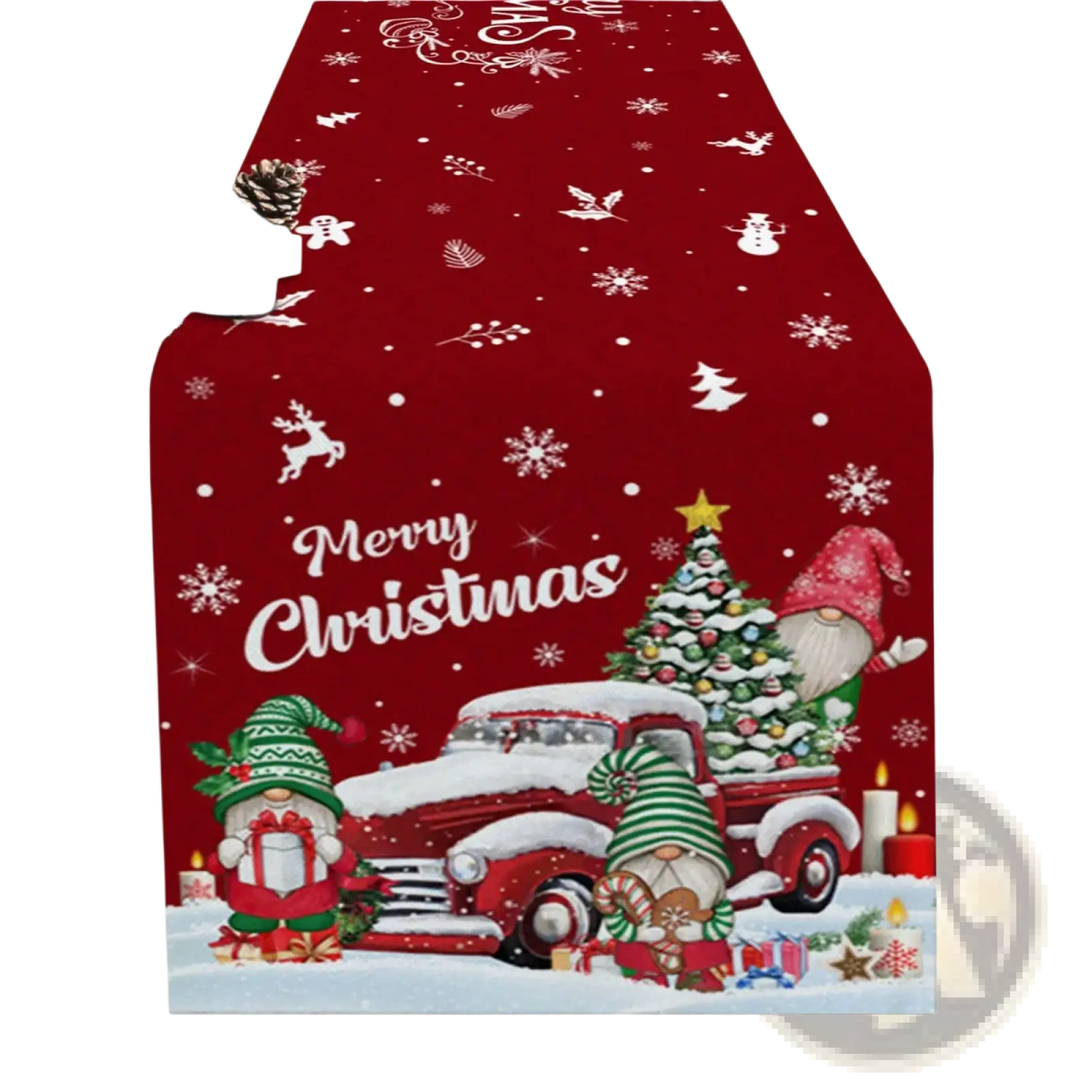 Christmas table runner festive holiday decor 183x33 in red featuring gnomes snow truck snowflakes and reindeer motifs
