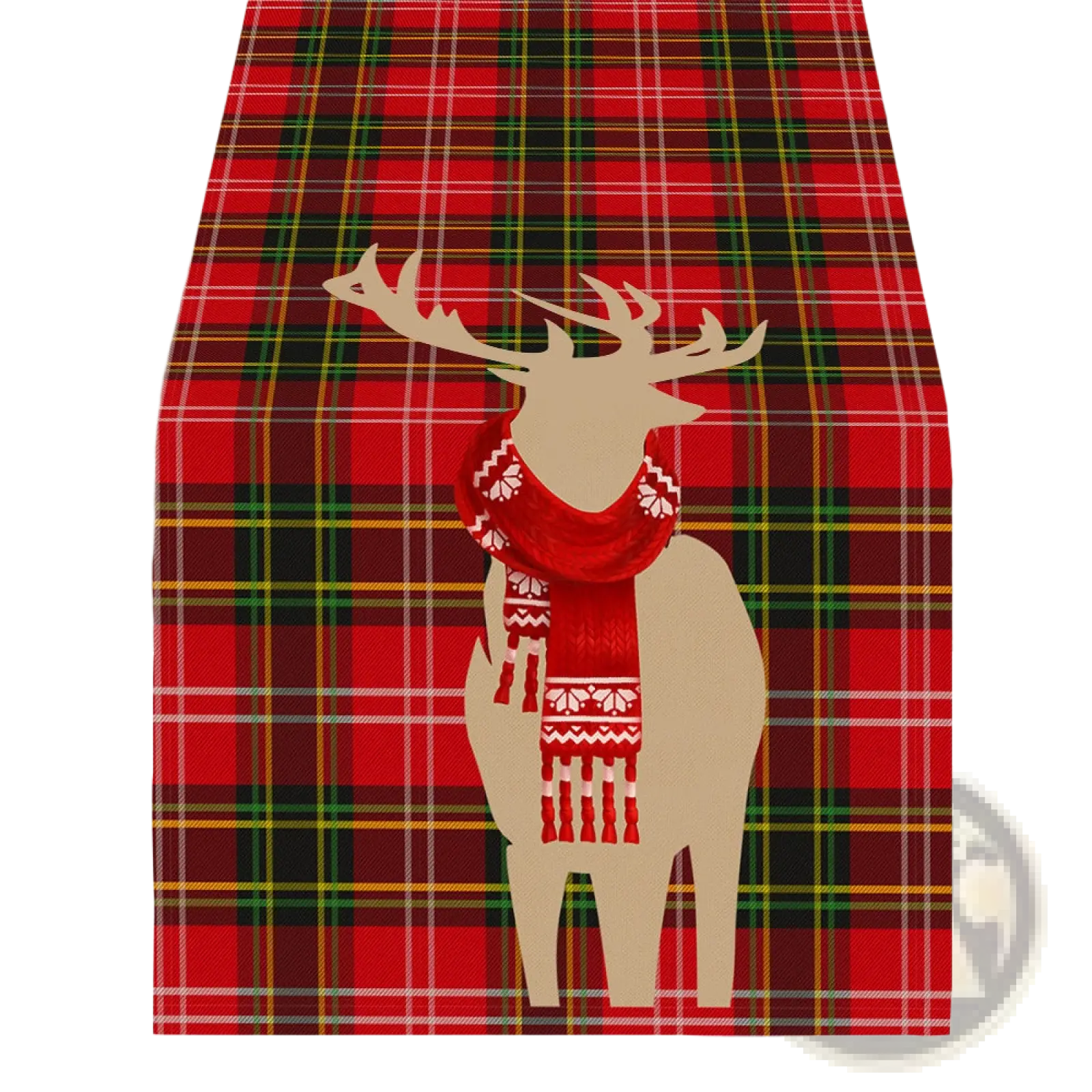 Christmas table runner festive holiday decor 183x33 red plaid with beige reindeer silhouette wearing red patterned scarf