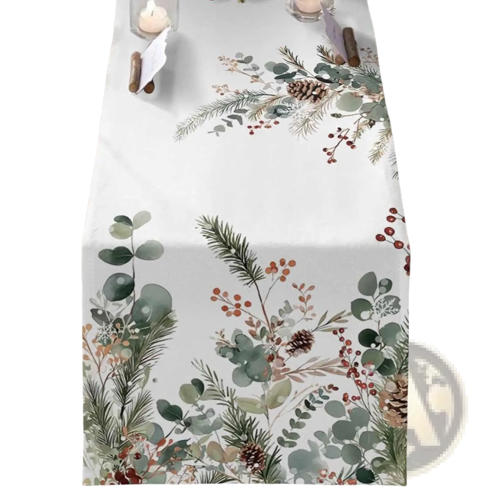 White table runner Christmas table runner festive holiday decor with eucalyptus leaves pine needles and red berries pattern