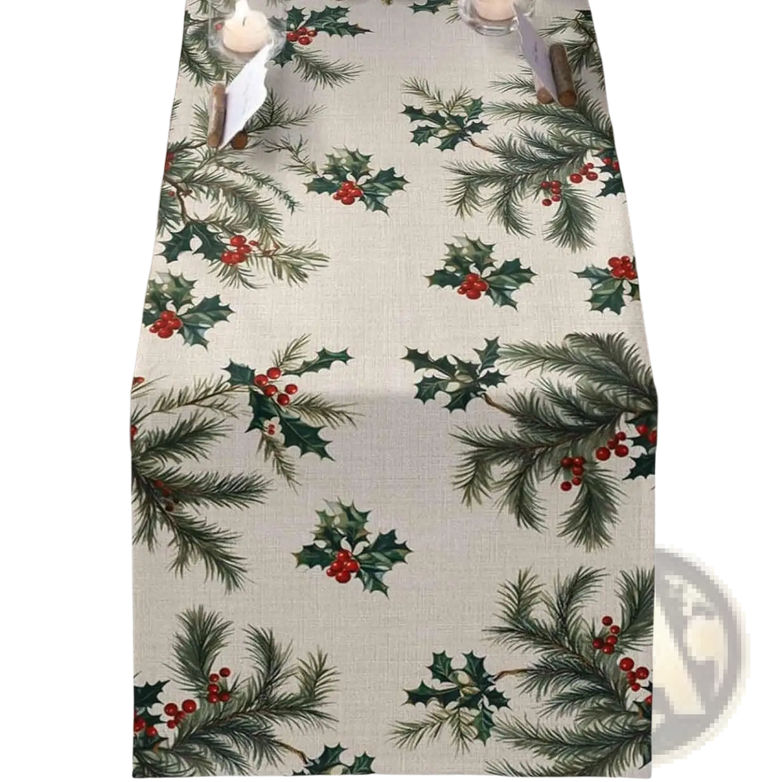 Beige linen Christmas table runner 183x33 with festive green holly leaves and red berries pattern for holiday decor