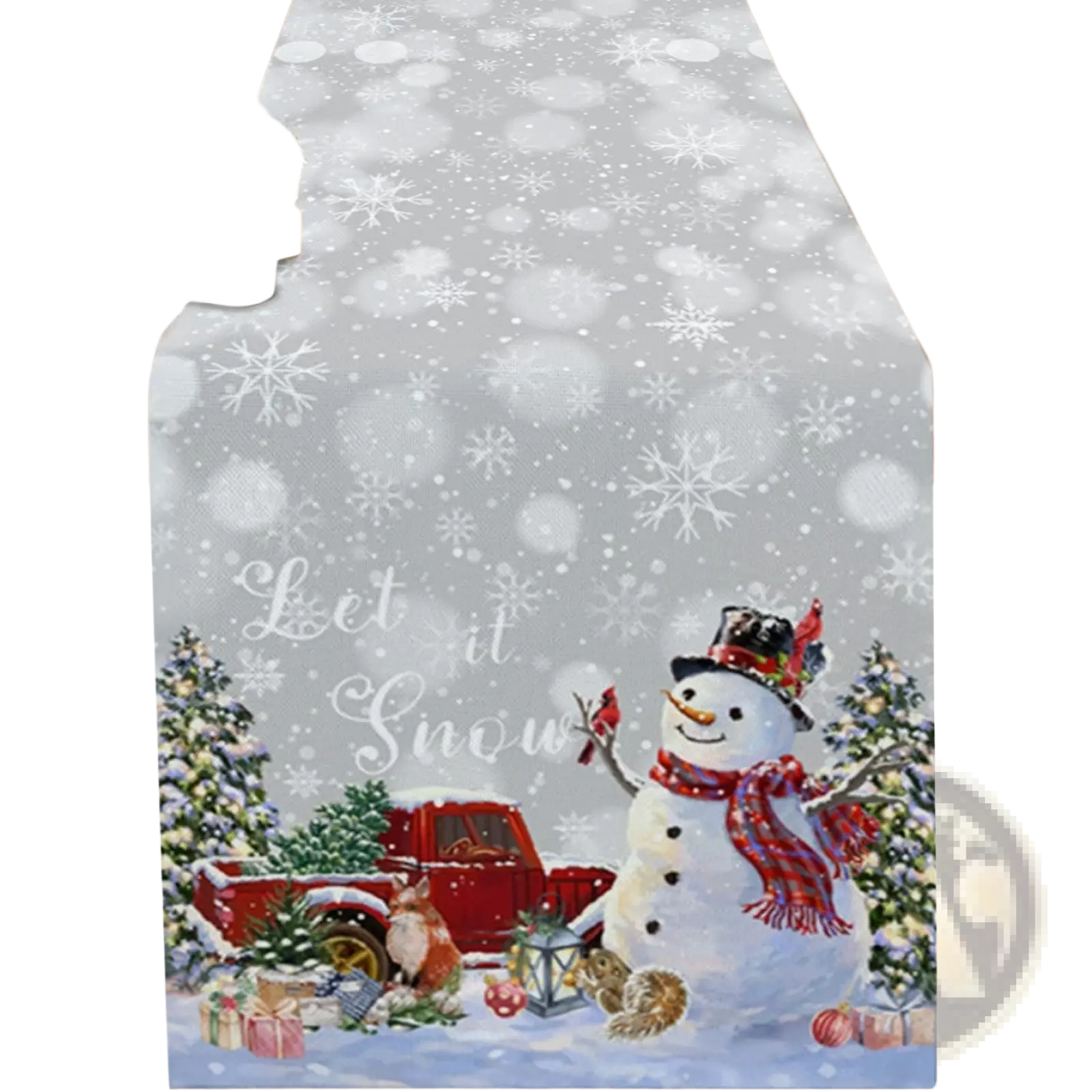 Christmas table runner festive holiday decor gray with a snowman, red plaid scarf, snowy red truck, pine trees, and let it snow text