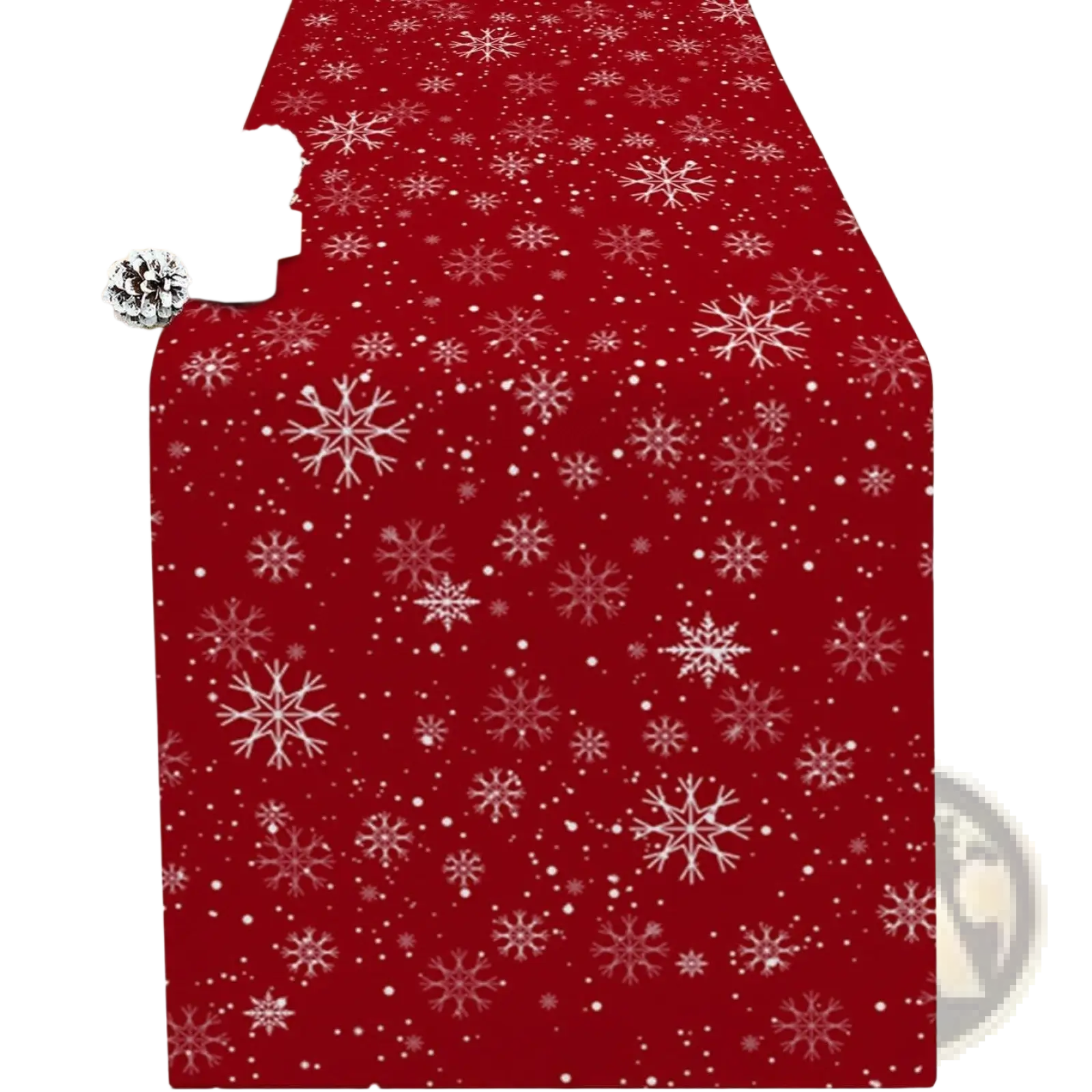 Red christmas table runner 183x33 with white snowflake patterns and scattered dots for festive holiday decor