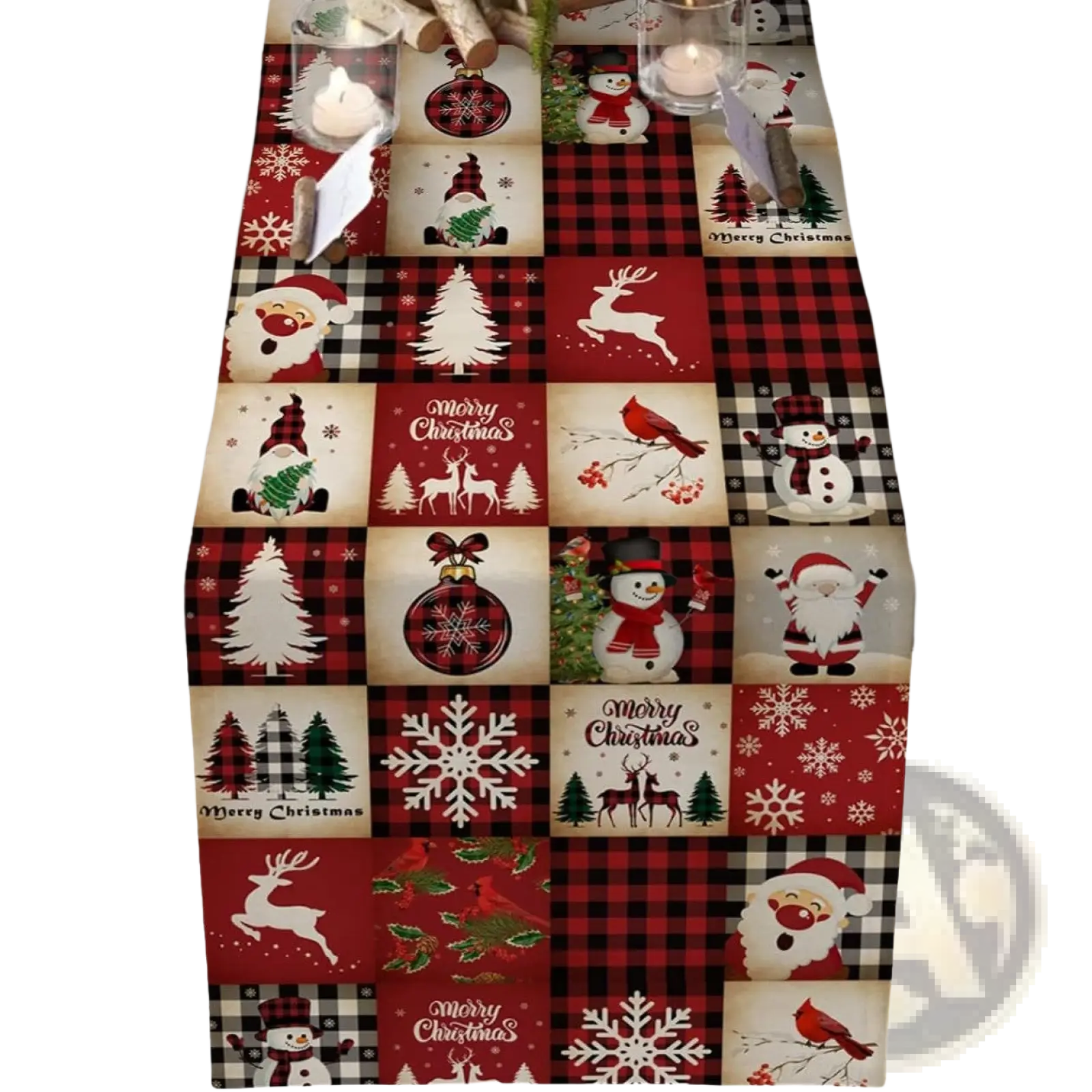 Red and black plaid christmas table runner with santa snowmen reindeer and holiday ornament illustrations 183x33