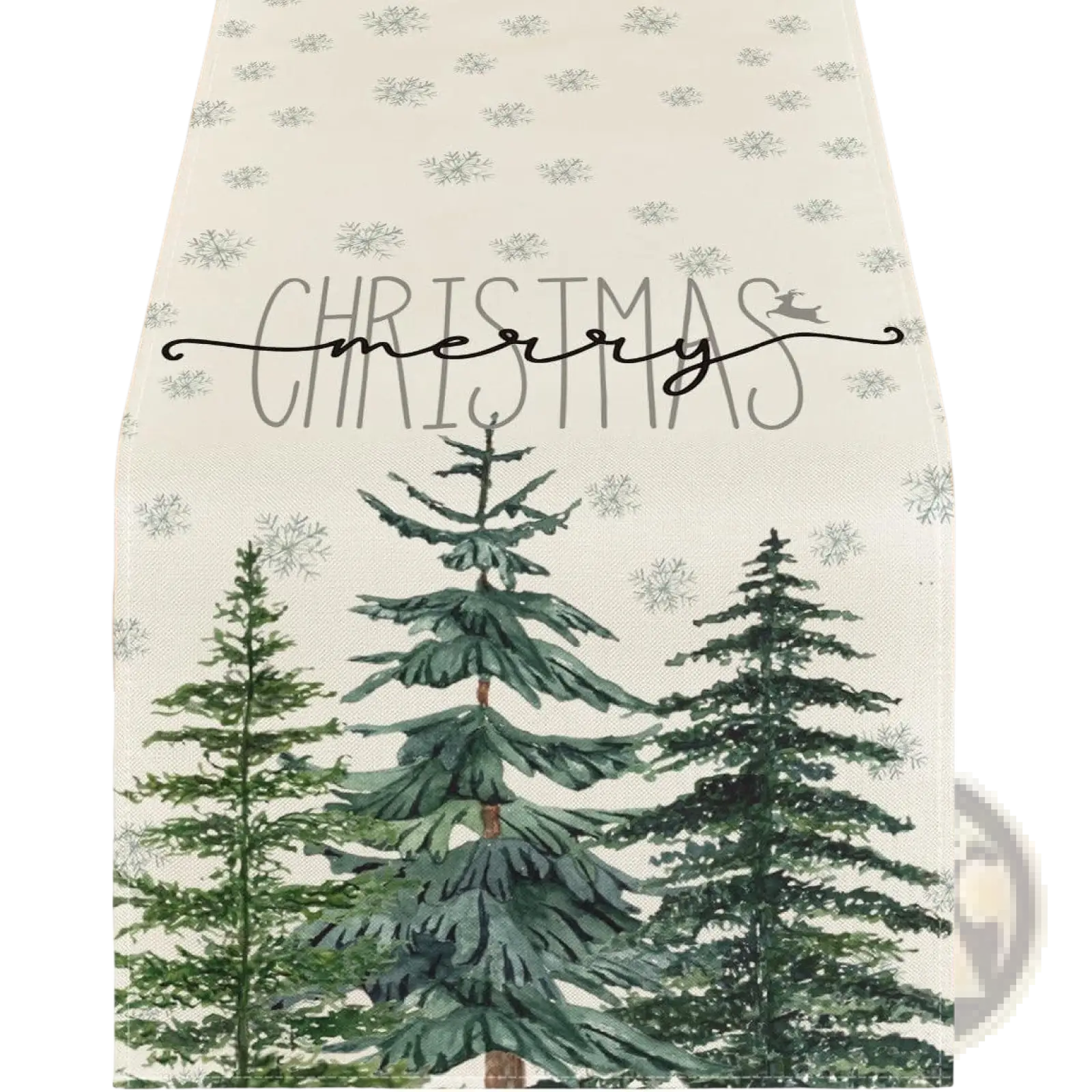 A cream-colored christmas table runner with green pine trees, snowflakes, and gray script festive holiday decor 183x33