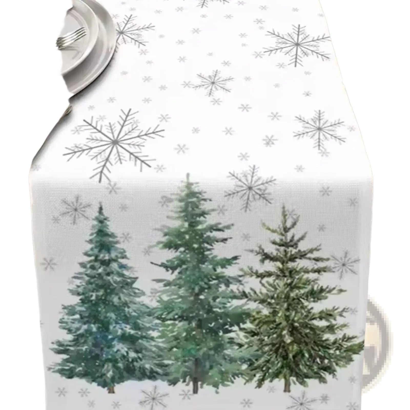 White Christmas table runner 183x33 featuring a watercolor design of three green pine trees and silver snowflakes