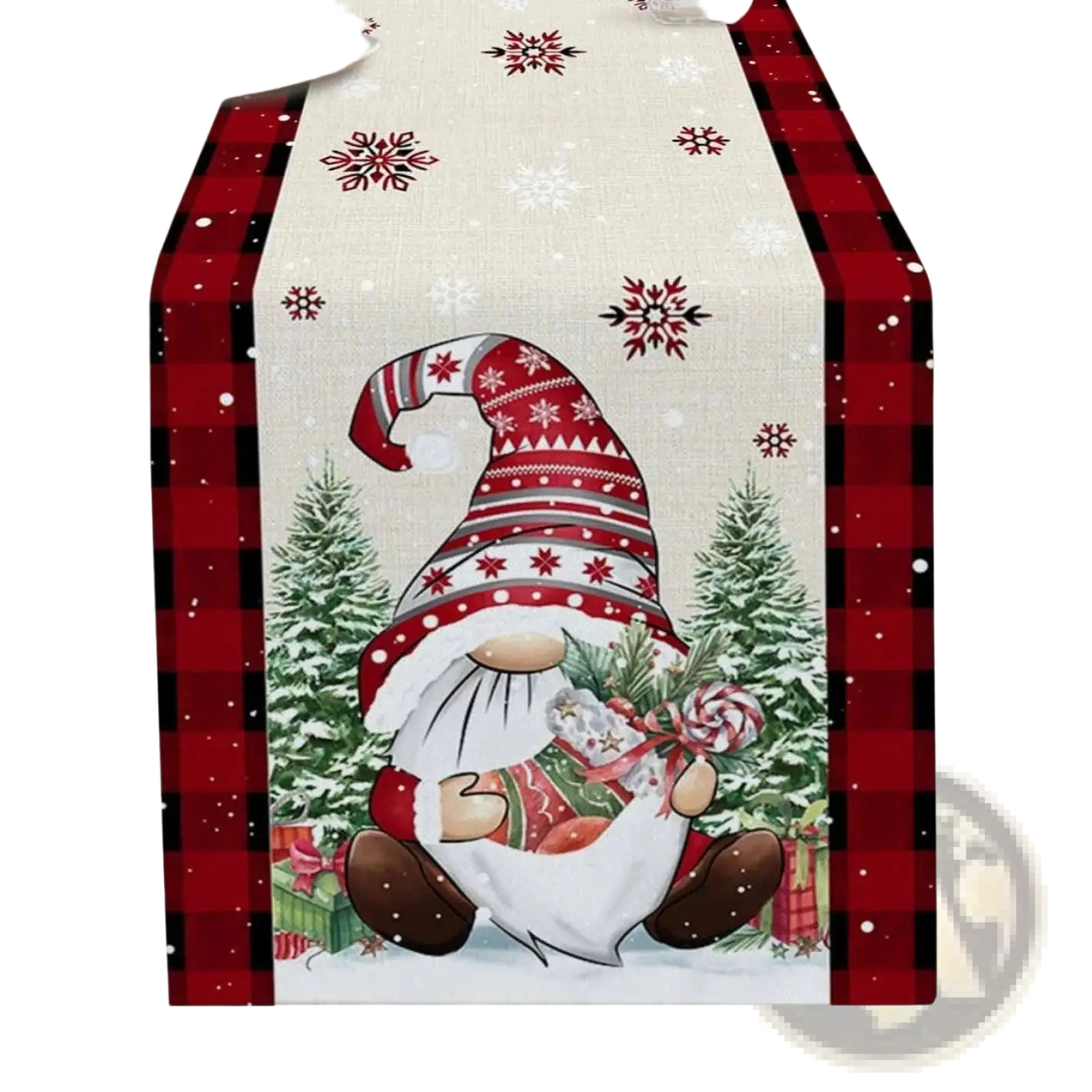 Christmas table runner featuring red and white gnome patterns with a plaid border measuring 183x33 inches