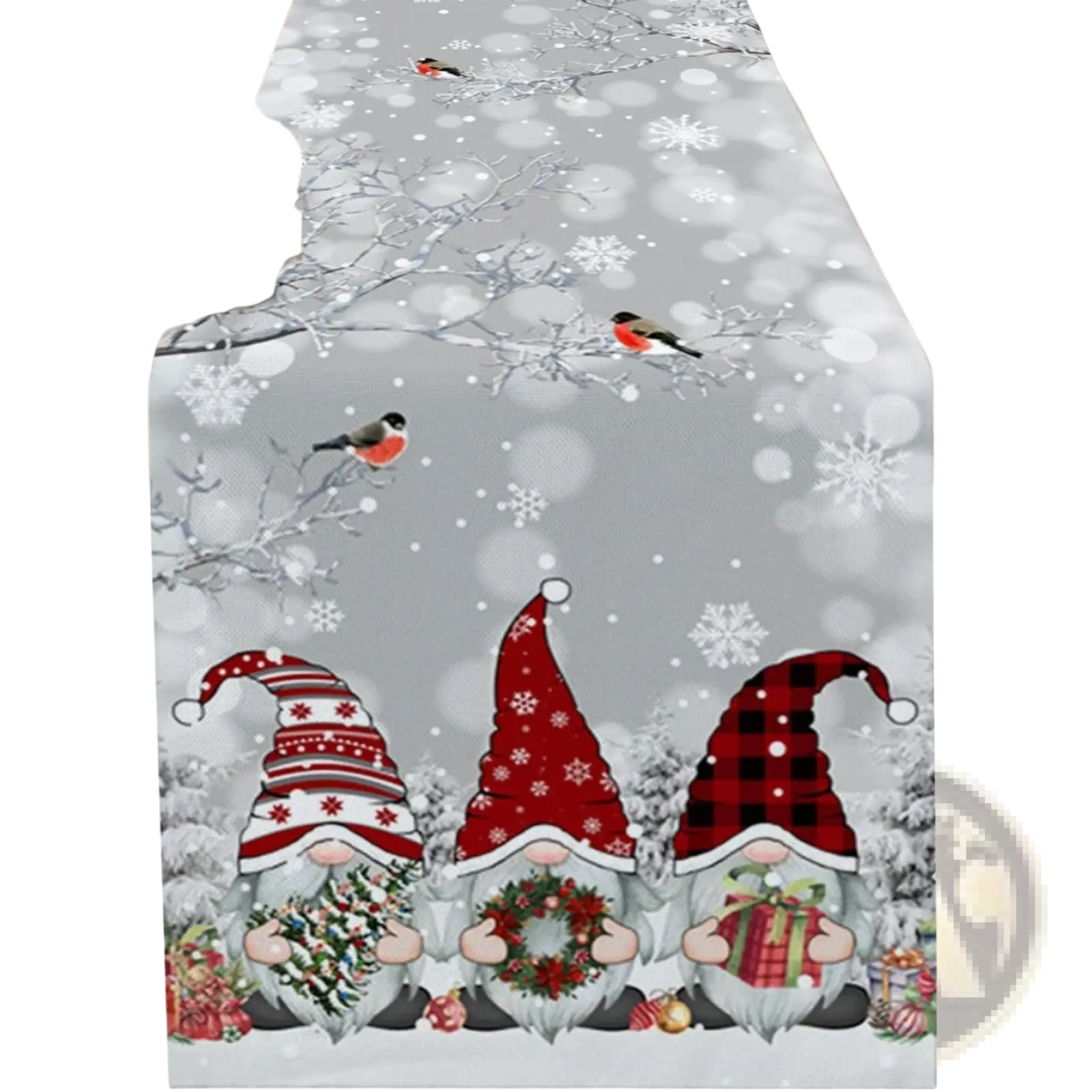 Gray christmas table runner 183x33 featuring three festive gnomes in red and white hats with snowflakes and birds