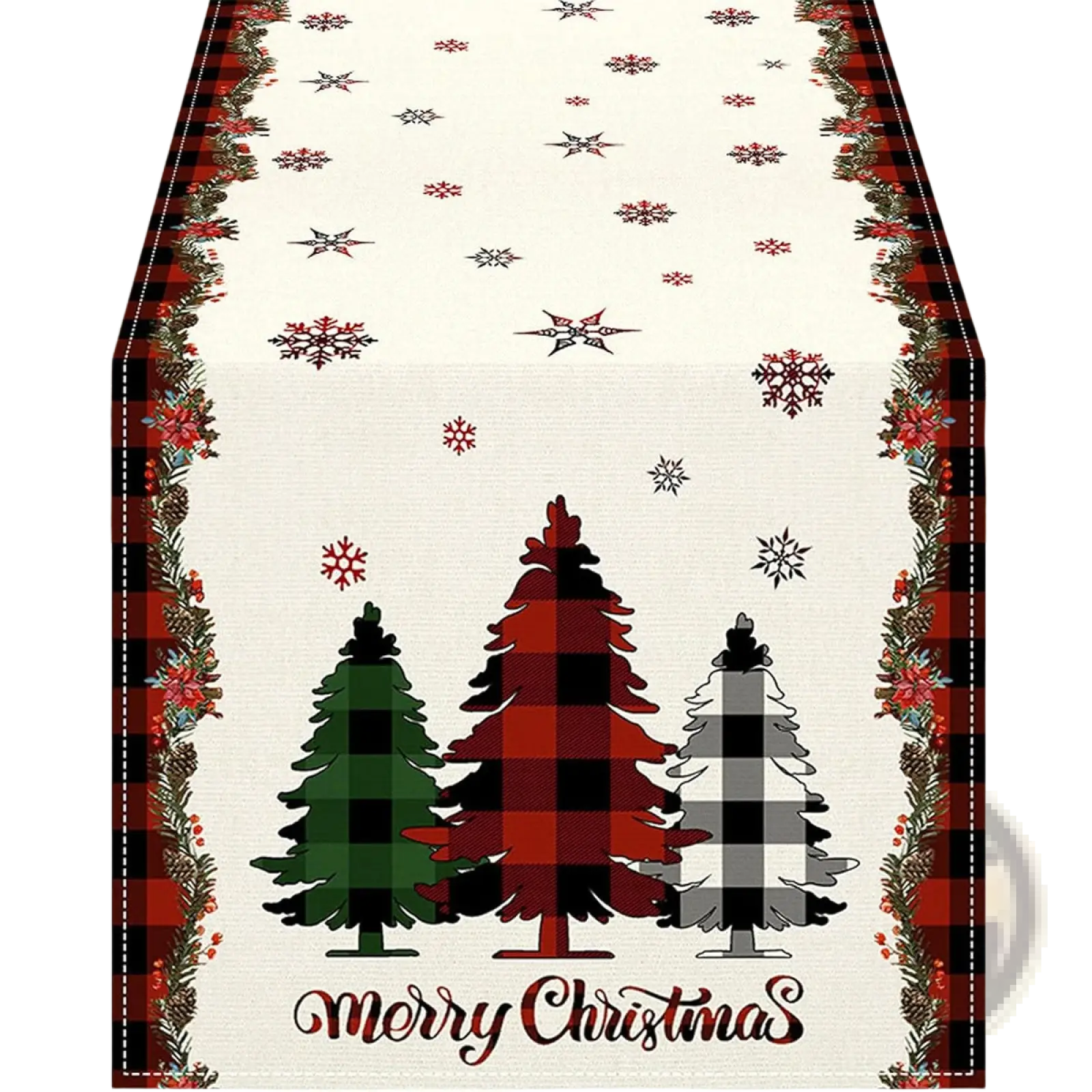 Christmas table runner festive holiday decor 183x33 cream background with green red and black and gray pine trees and garland border