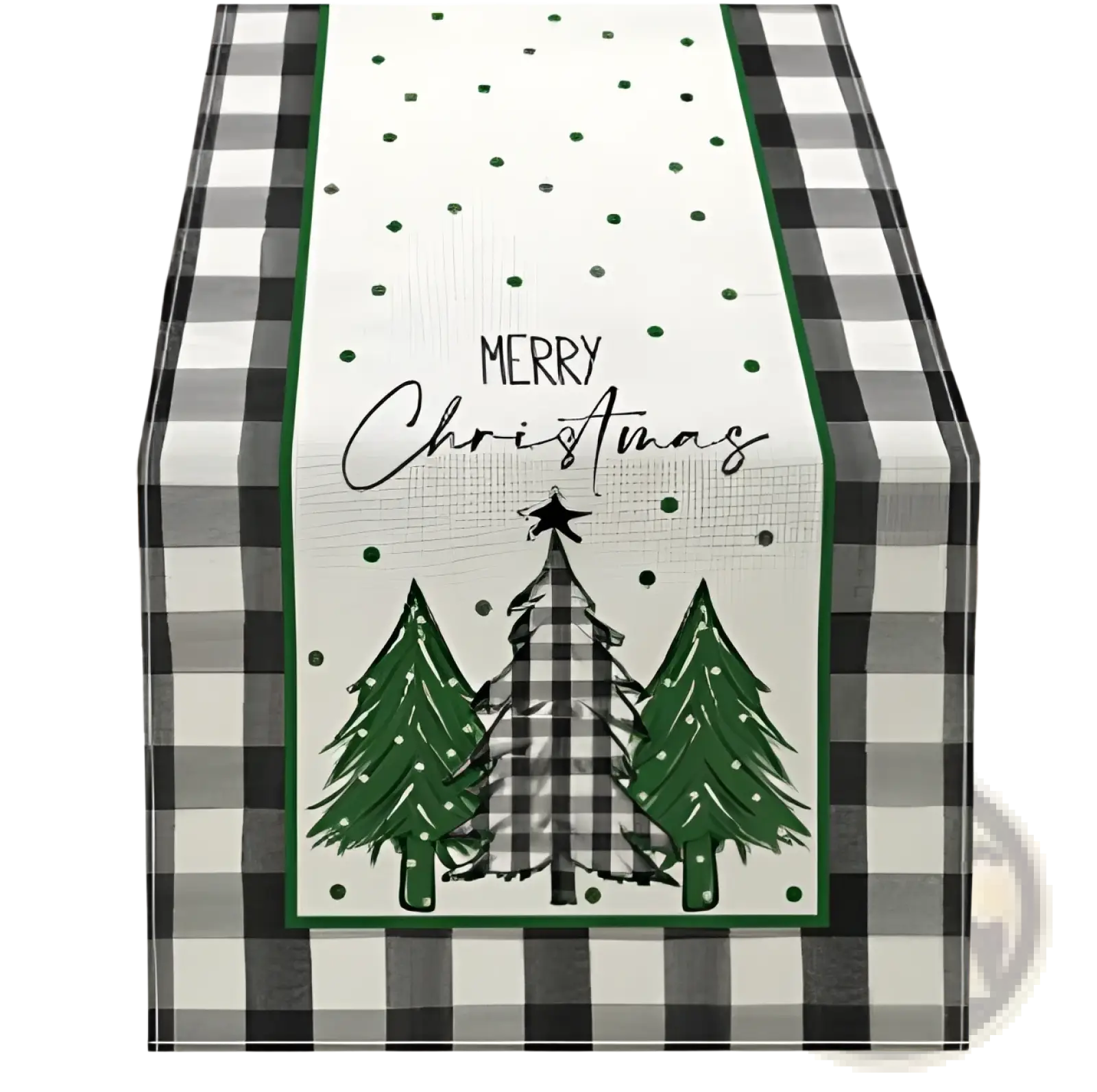 Black and white buffalo check christmas table runner 183x33 with green bordered merry christmas panel and pine tree designs