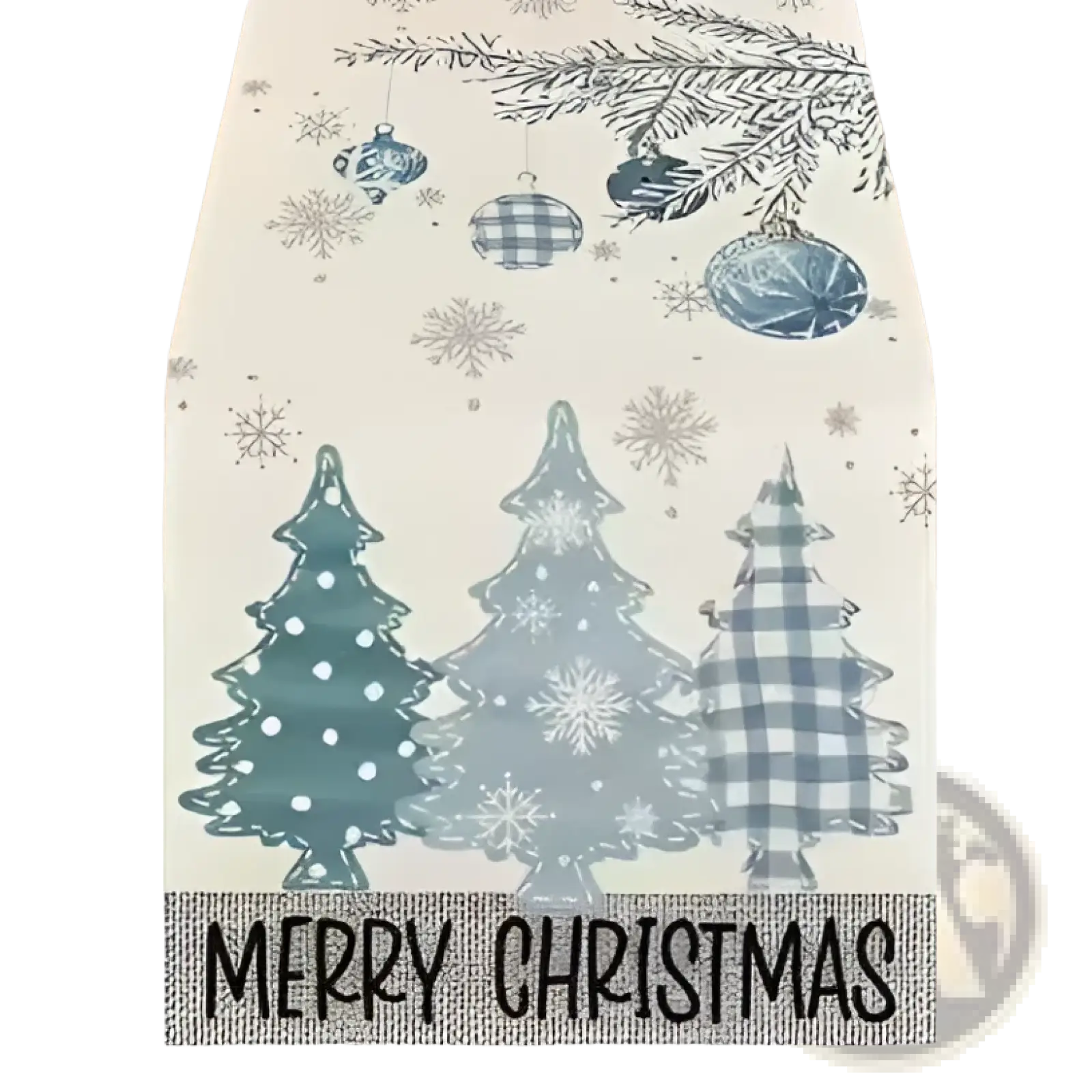 Cream-colored christmas table runner 183x33 featuring teal and blue plaid evergreen trees with ornaments and snowflakes above merry christmas text