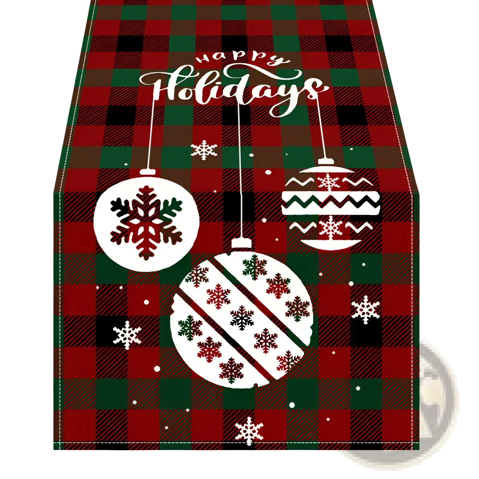 Christmas table runner with red and green plaid pattern, white snowflake ornaments, and happy holidays script 183x33