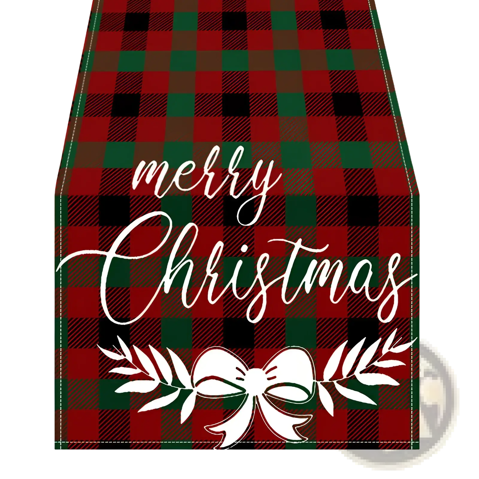 Christmas table runner festive holiday decor 183x33 red and green plaid with white cursive merry christmas text and bow design
