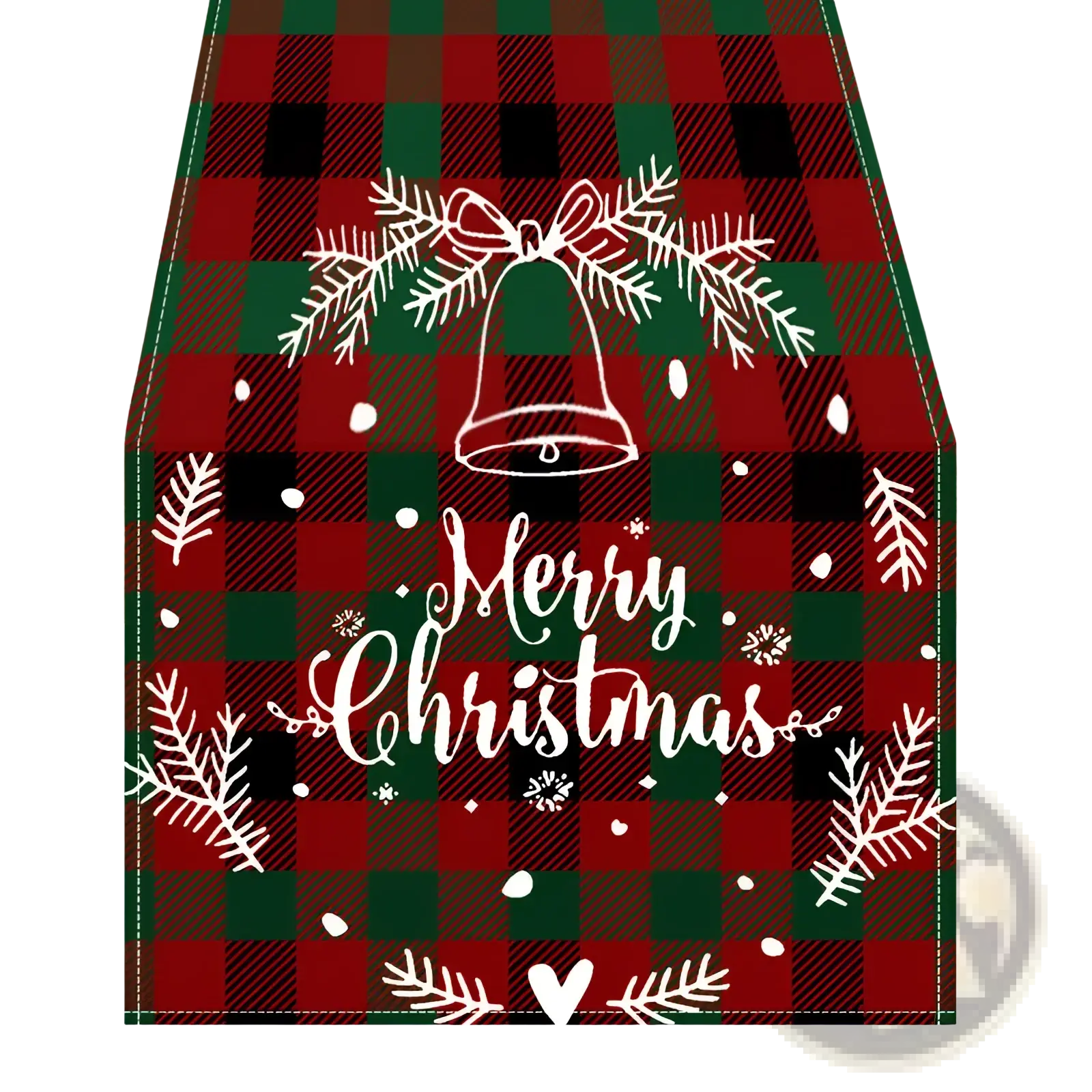 Christmas table runner 183x33 with red and green plaid pattern white embroidered bells pine branches and merry christmas script