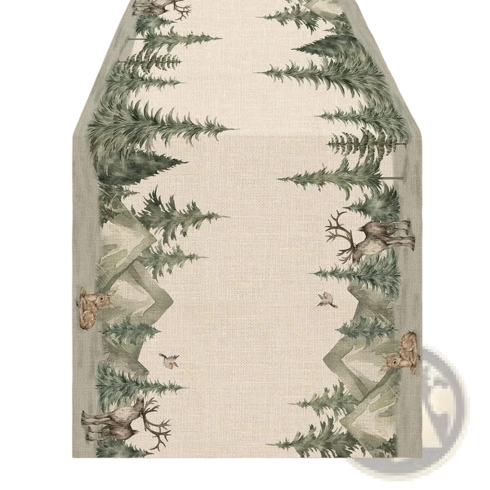 A rustic beige linen christmas table runner 183x33 featuring a detailed forest scene with pine trees deer and squirrels