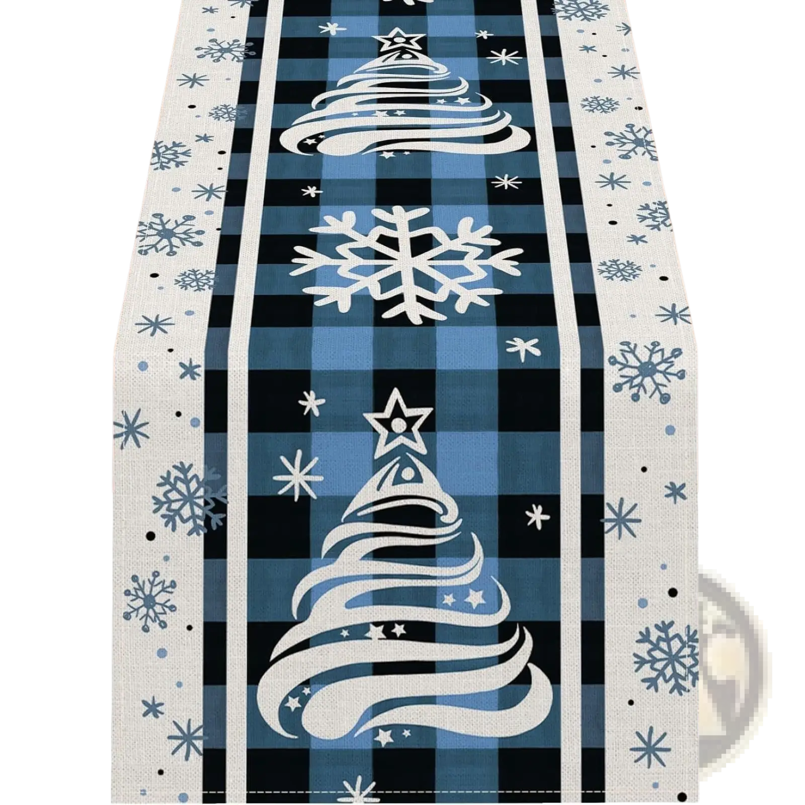 Christmas table runner festive holiday decor 183x33 with blue and black plaid and white snowflake and tree designs