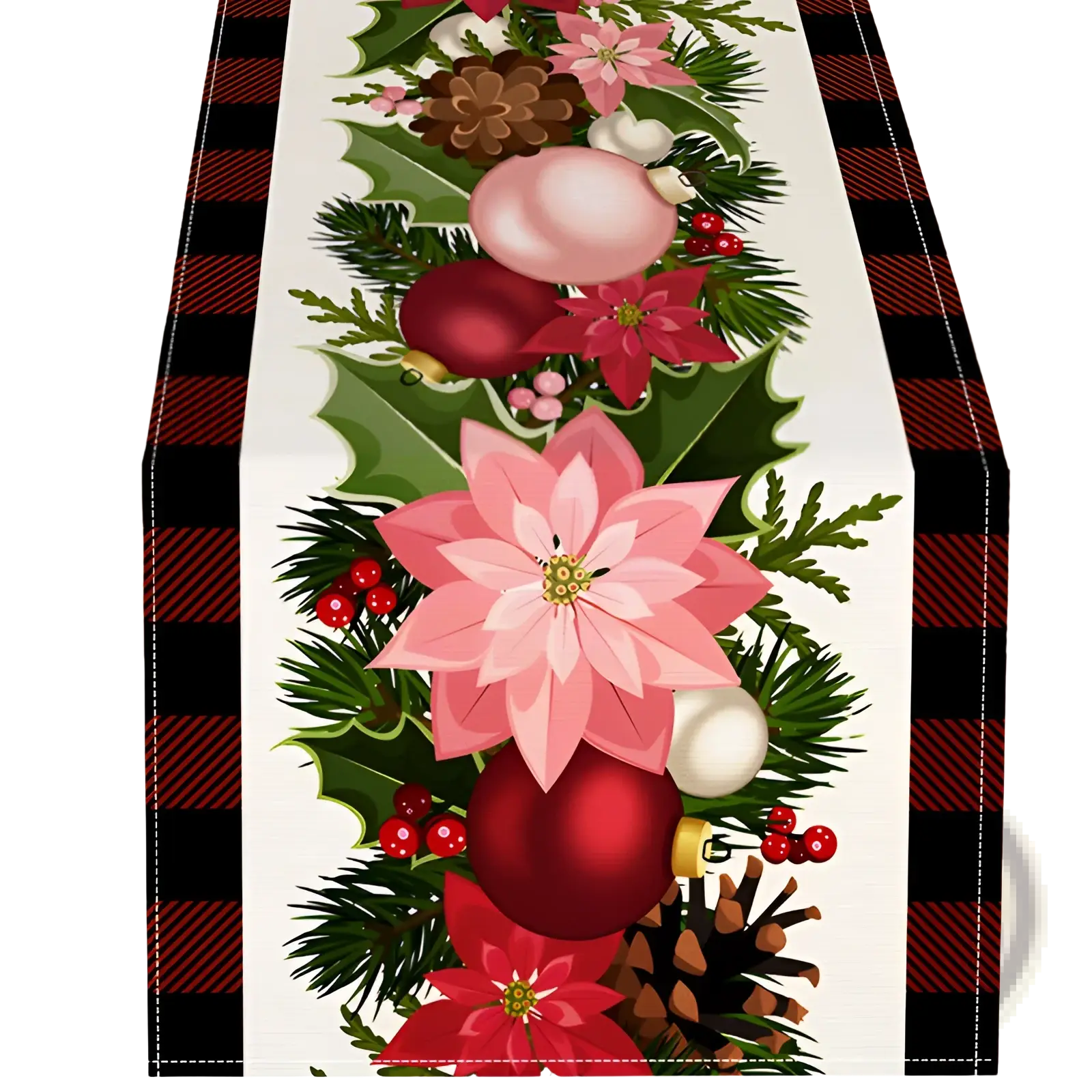 Christmas table runner festive holiday decor 183x33 with pink and red poinsettias holly pinecones and plaid border