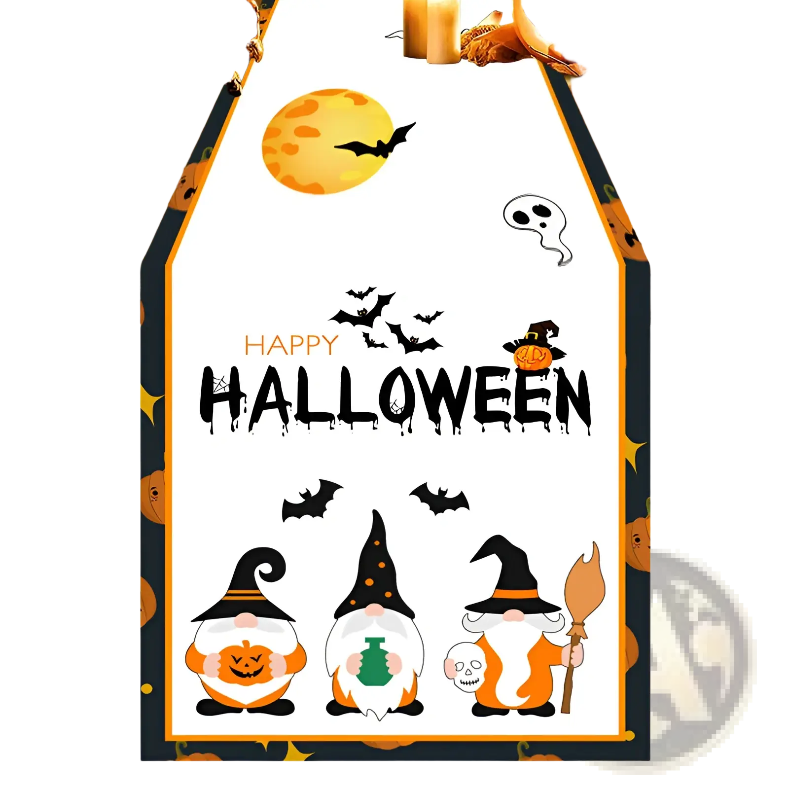White halloween table runner with black and orange trim featuring cartoon gnomes holding pumpkins and bats festive decor 183x33