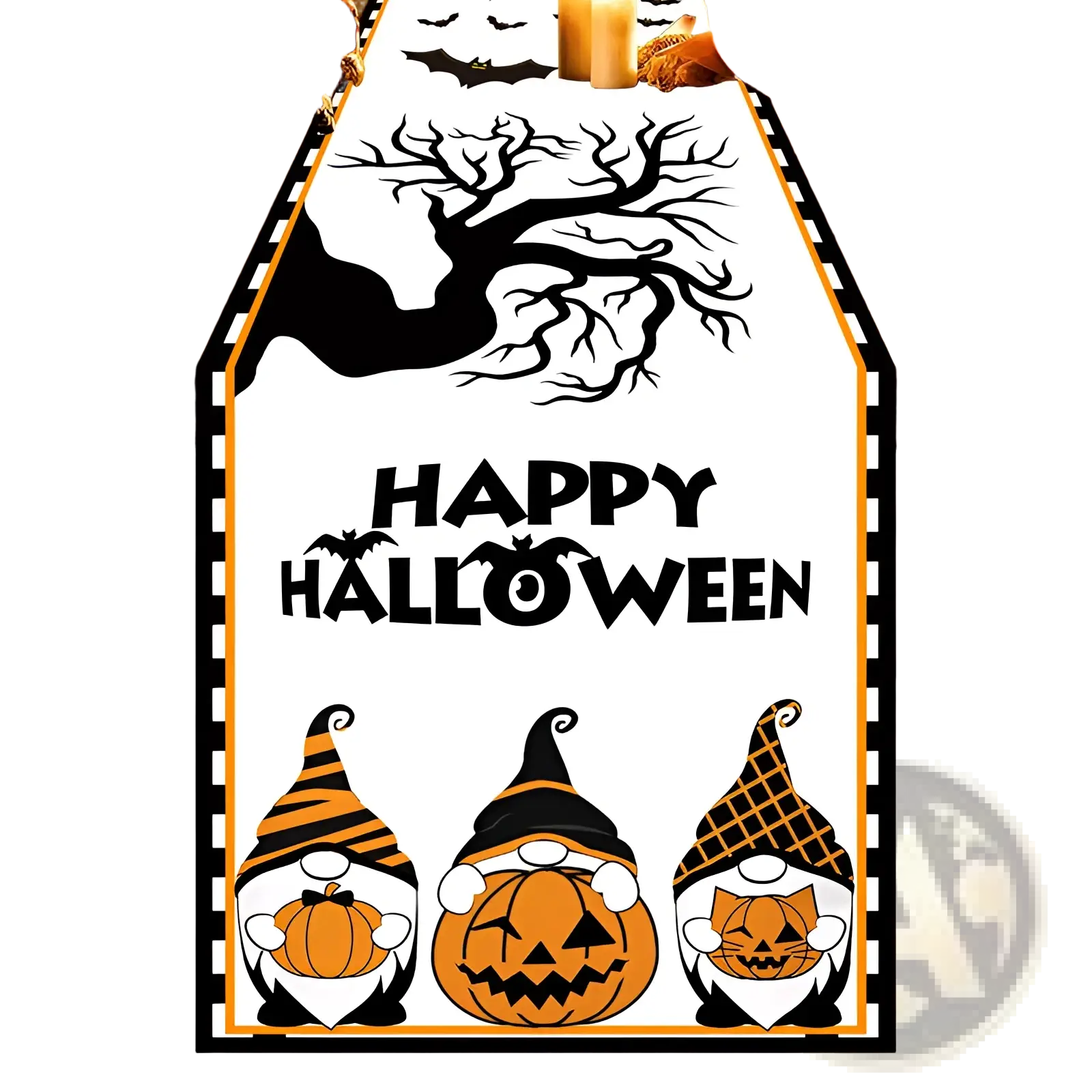 White halloween table runner with black and orange trim featuring a spooky tree happy halloween text and three gnomes