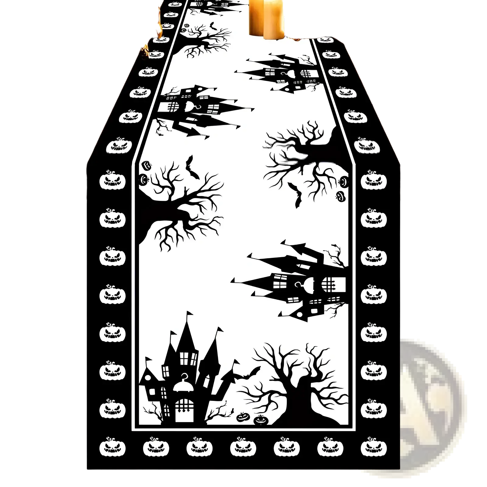 Black and white halloween-themed christmas table runner 183x33 with spooky castles bats pumpkins and twisted trees design