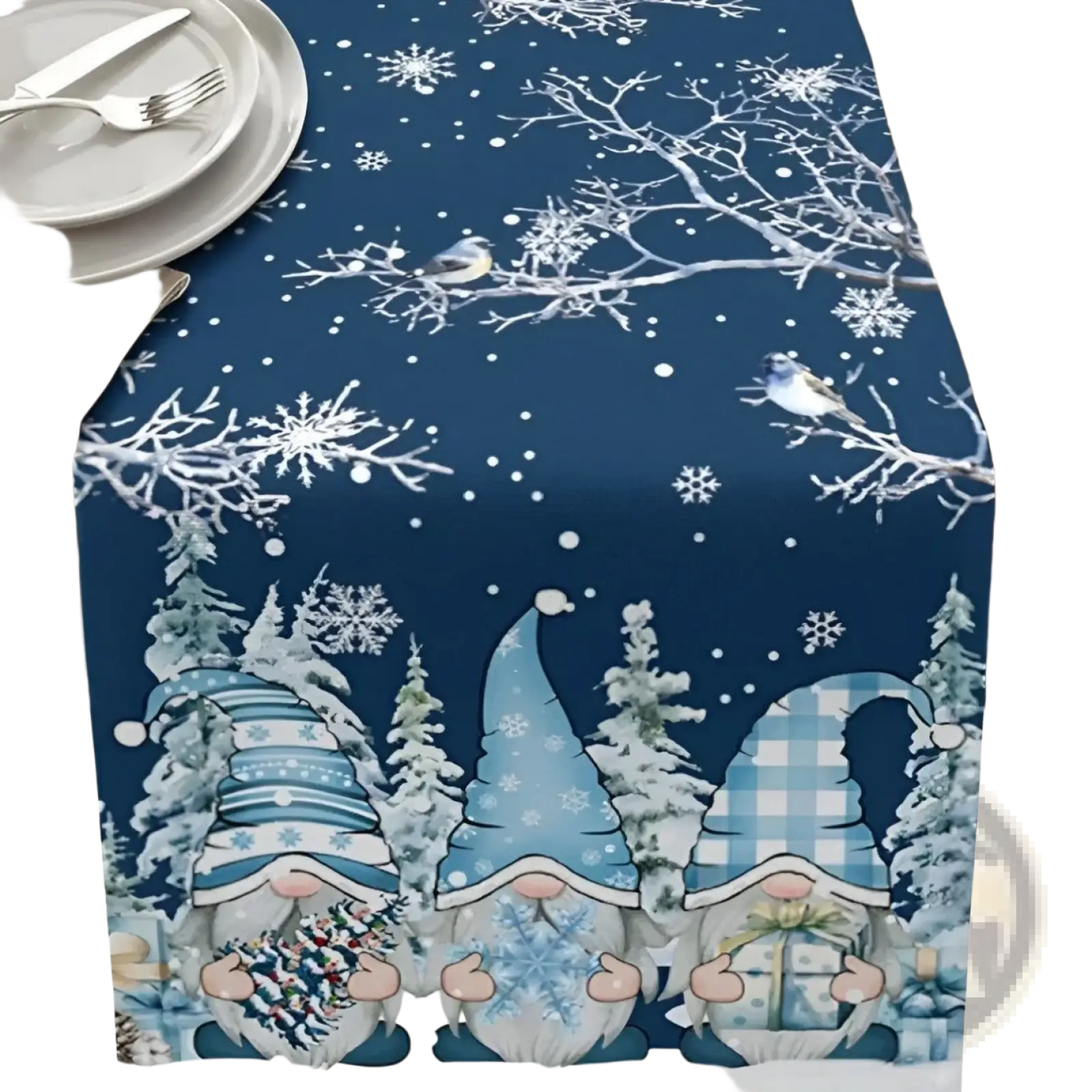 Blue christmas table runner 183x33 featuring festive gnomes snowflakes and snowy branches winter wonderland design