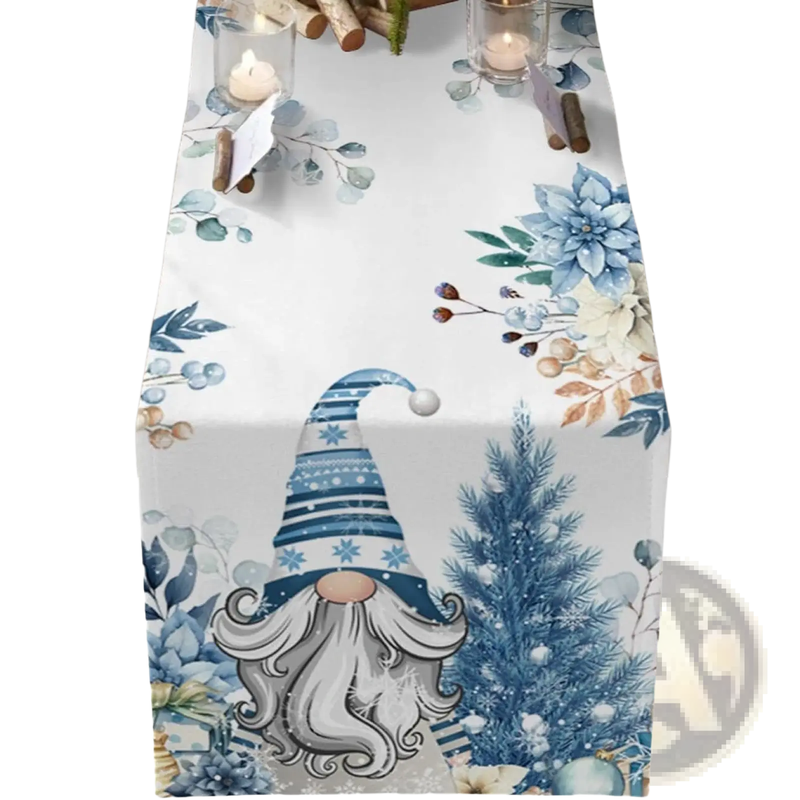 Blue and white printed Christmas table runner 183x33 featuring a festive gnome with a striped hat and floral pine motifs