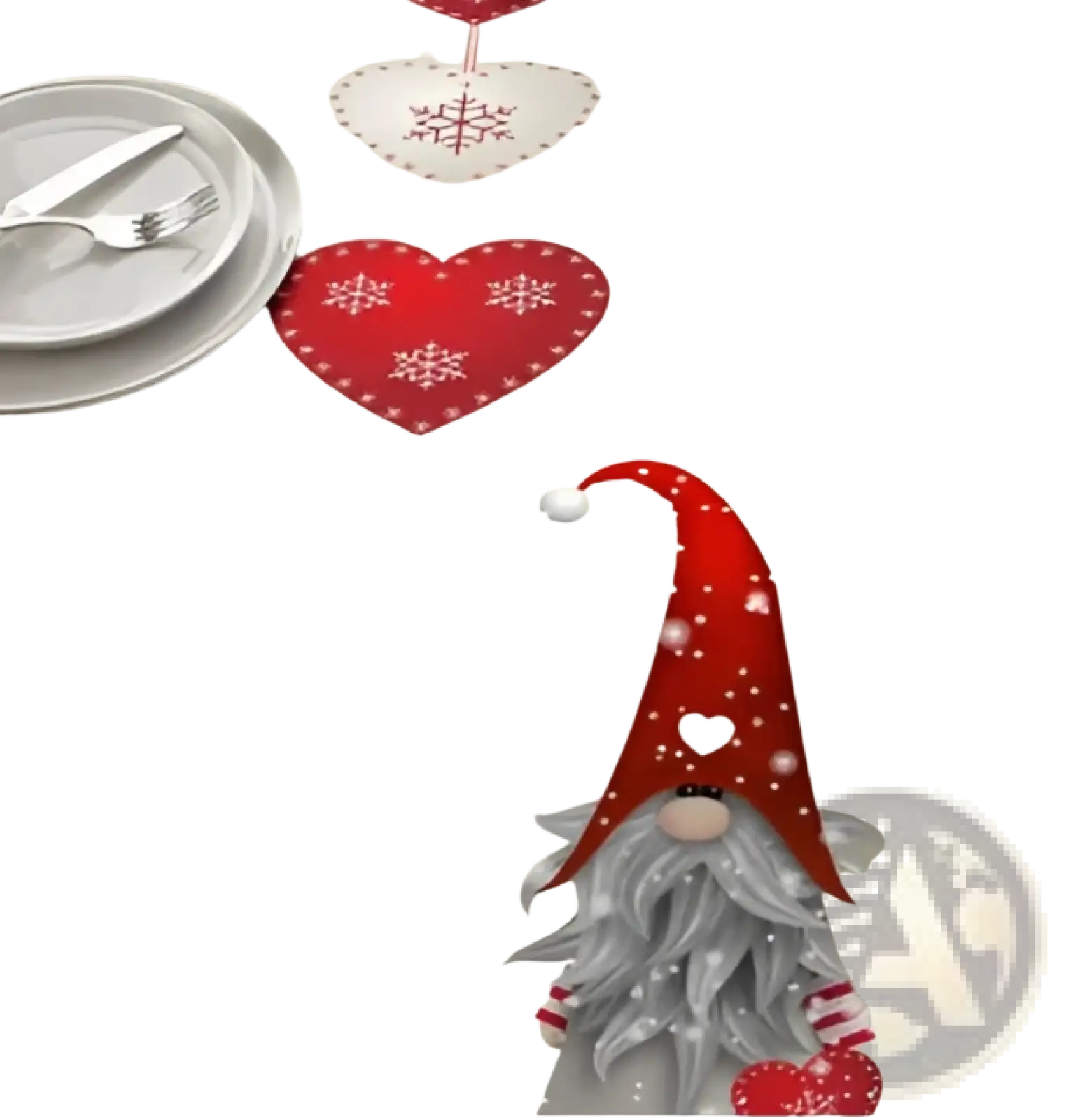 Christmas table runner festive holiday decor beige textured fabric with red gnome gray beard and snowflake hearts 183x33