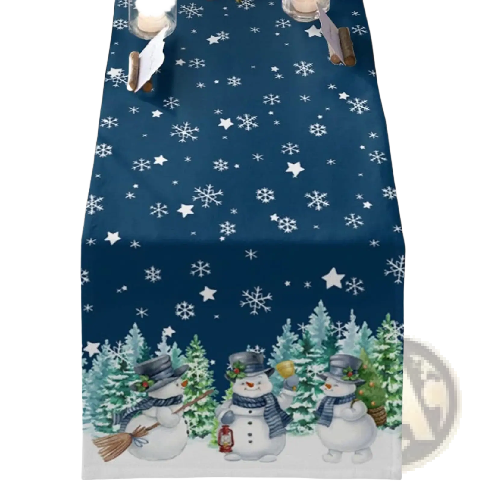Christmas table runner festive holiday decor 183x33 features a blue background with white snowflakes stars and three snowmen