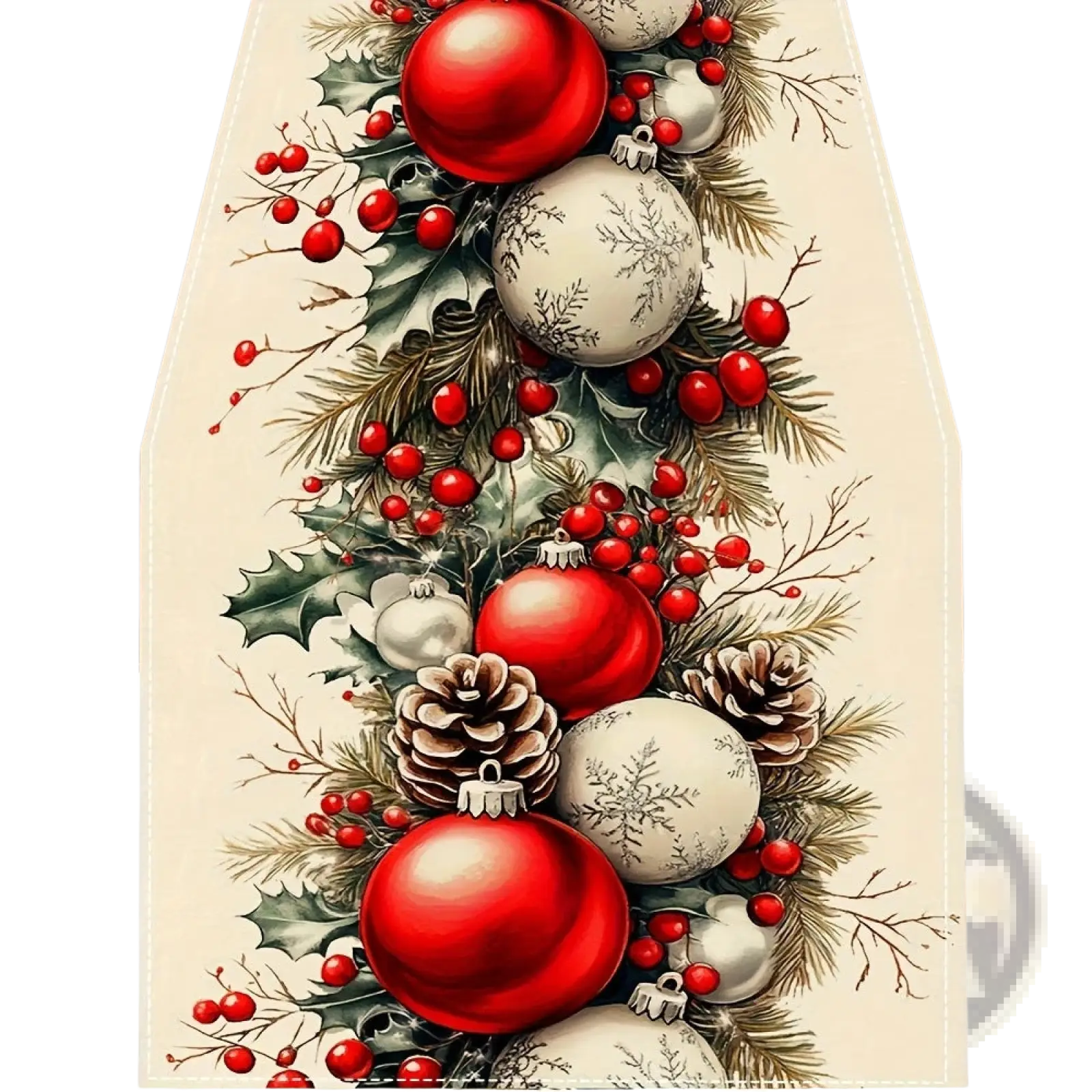 Christmas table runner 183x33 with glossy red and matte white ornaments pinecones holly berries on cream background