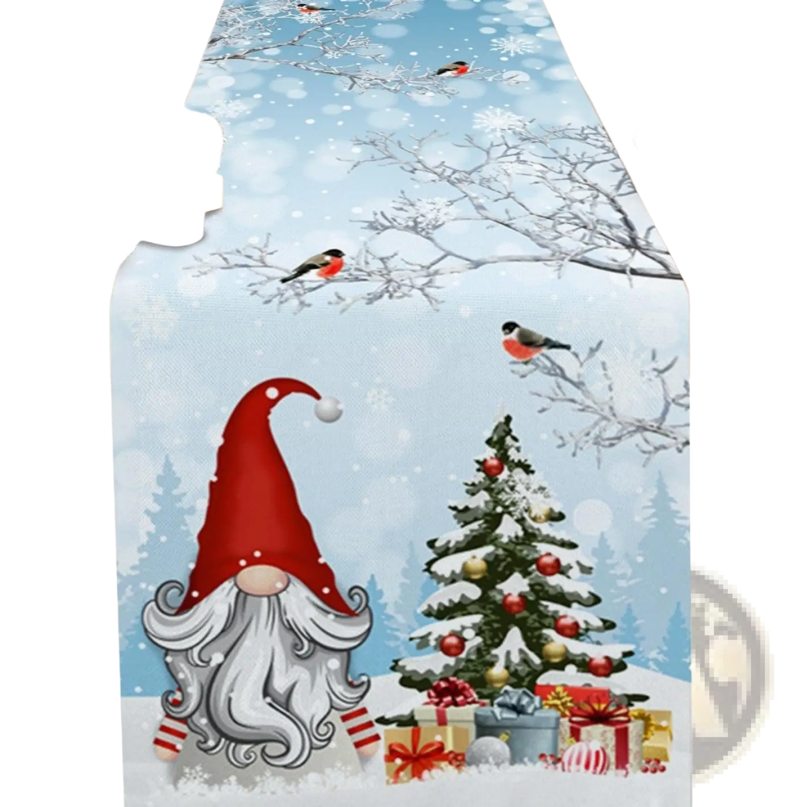 Christmas table runner 183x33 featuring red and white gnome-themed festive winter scene printed on fabric