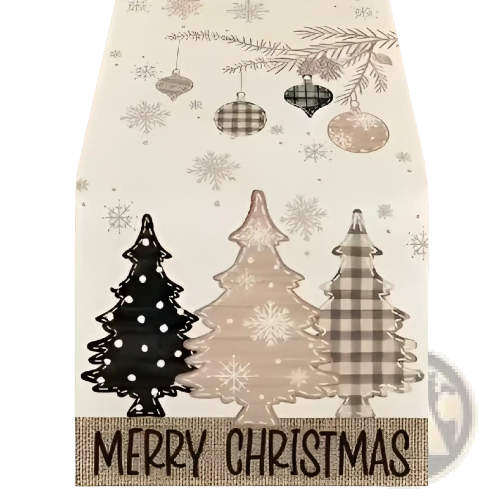 Christmas table runner featuring three stylized trees in black beige and plaid on cream background with snowflakes and ornaments