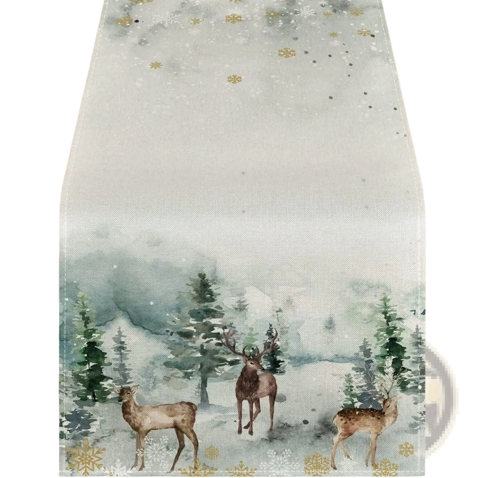 A soft gray fabric Christmas table runner 183x33 with watercolor deer pine trees and gold snowflake accents