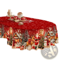 Red christmas tablecloth with santa lace trim featuring reindeer snowmen and snowy houses for winter holiday decor