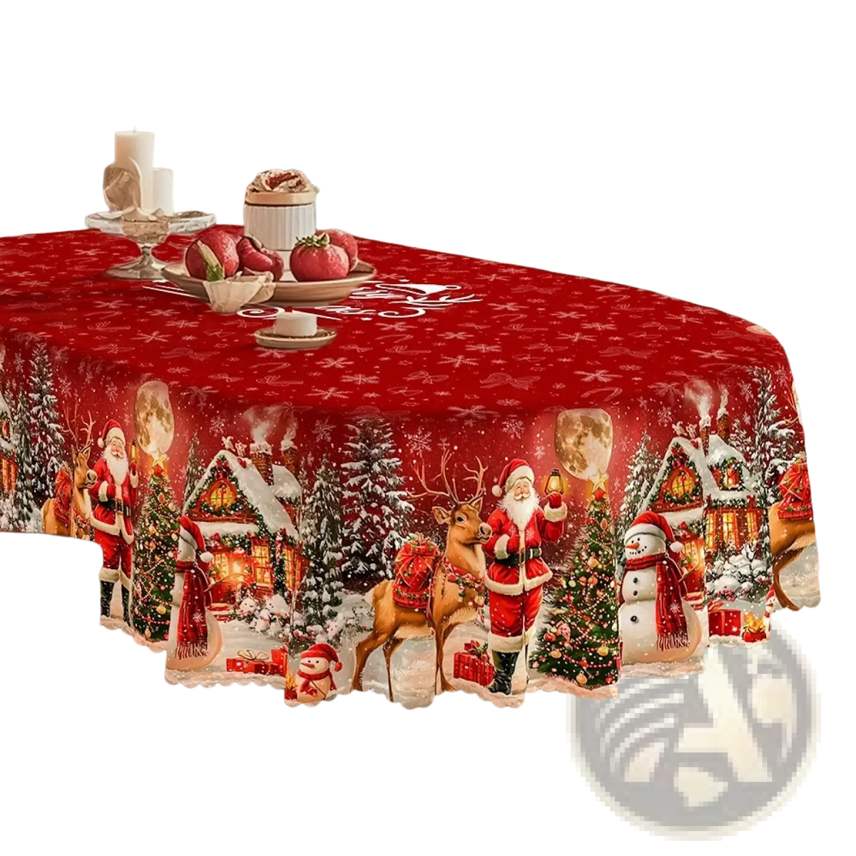 Red christmas tablecloth with santa lace trim featuring reindeer snowmen and snowy houses for winter holiday decor