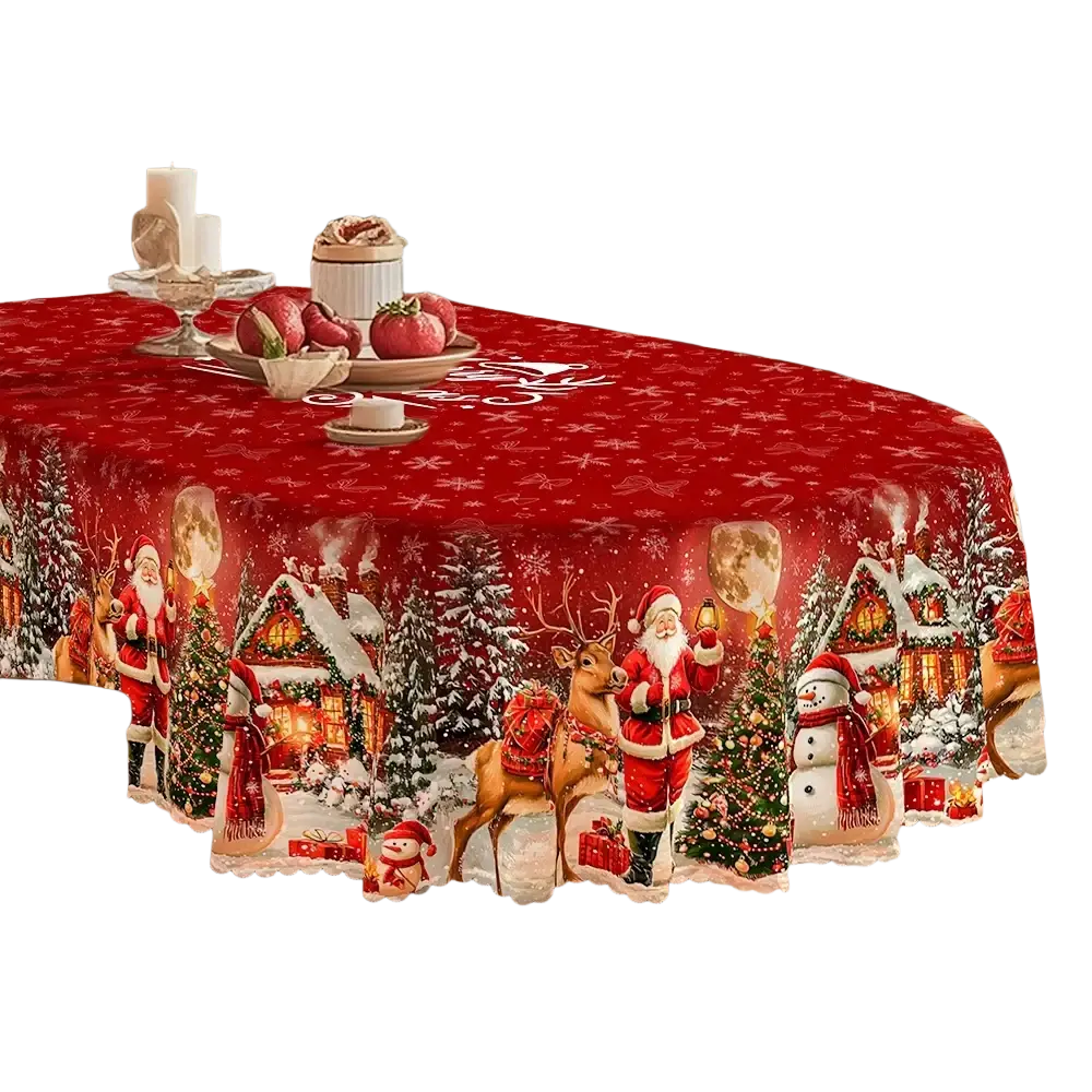 Red christmas tablecloth with santa lace trim featuring reindeer snowmen and snowy houses for winter holiday decor