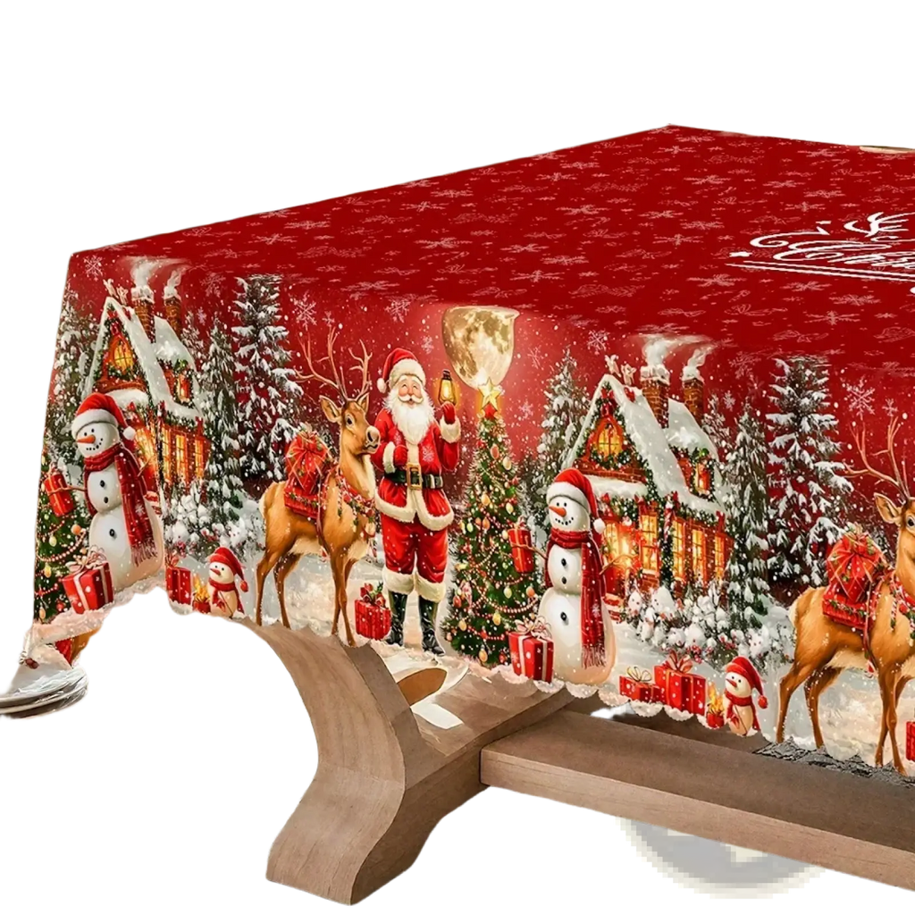 Red christmas tablecloth with santa lace trim featuring festive winter scenes of santa reindeer snowmen and houses
