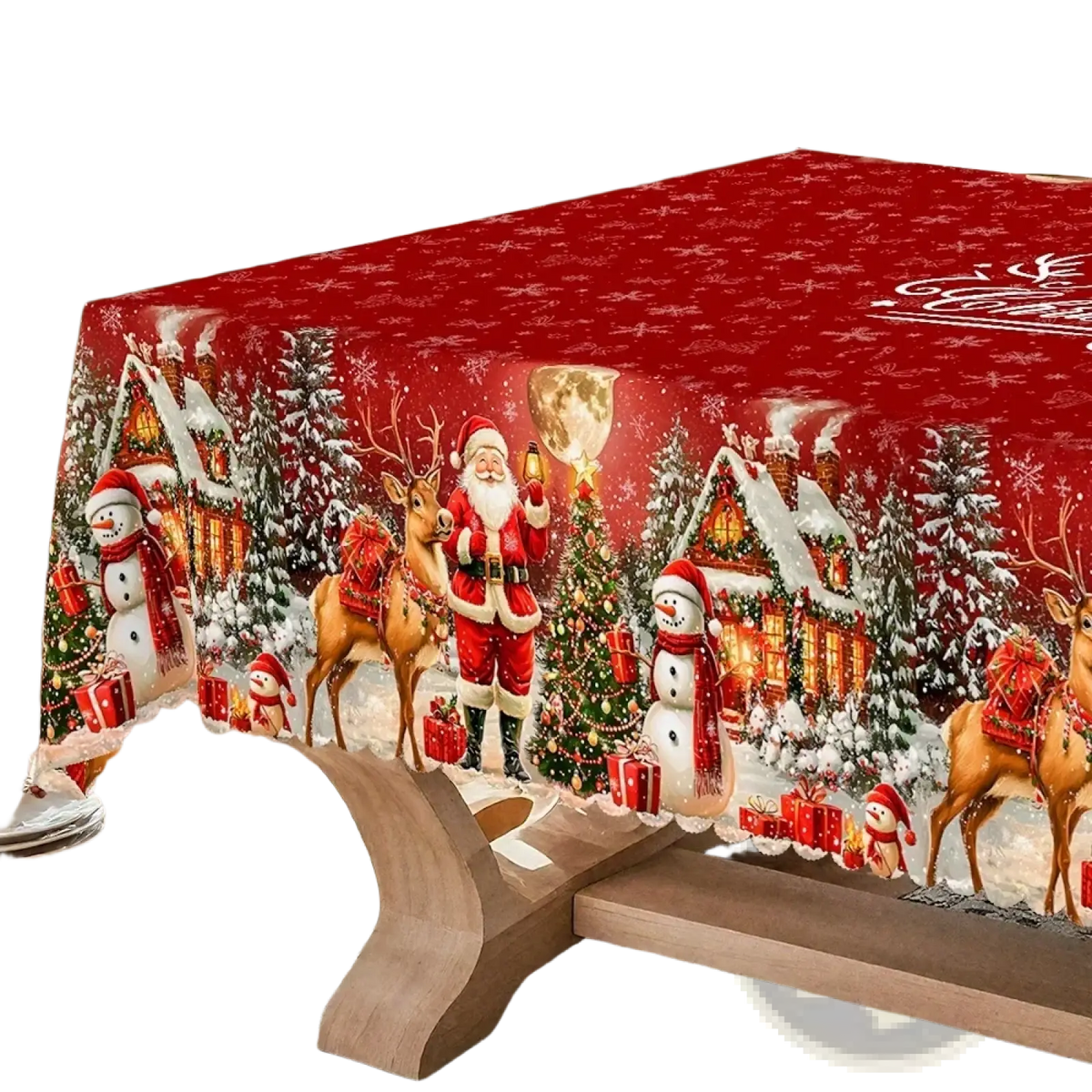 Red christmas tablecloth with santa lace trim featuring festive winter scenes of santa reindeer snowmen and houses