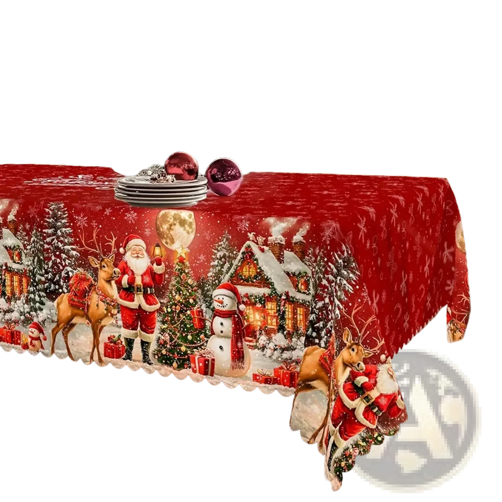 Red christmas tablecloth with santa reindeer snowman snowy houses and intricate white lace trim for winter holiday decor