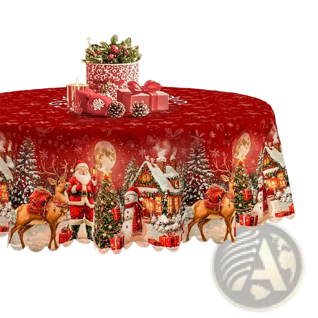 Christmas tablecloth red with santa lace trim featuring festive santa reindeer snowmen and decorated houses design