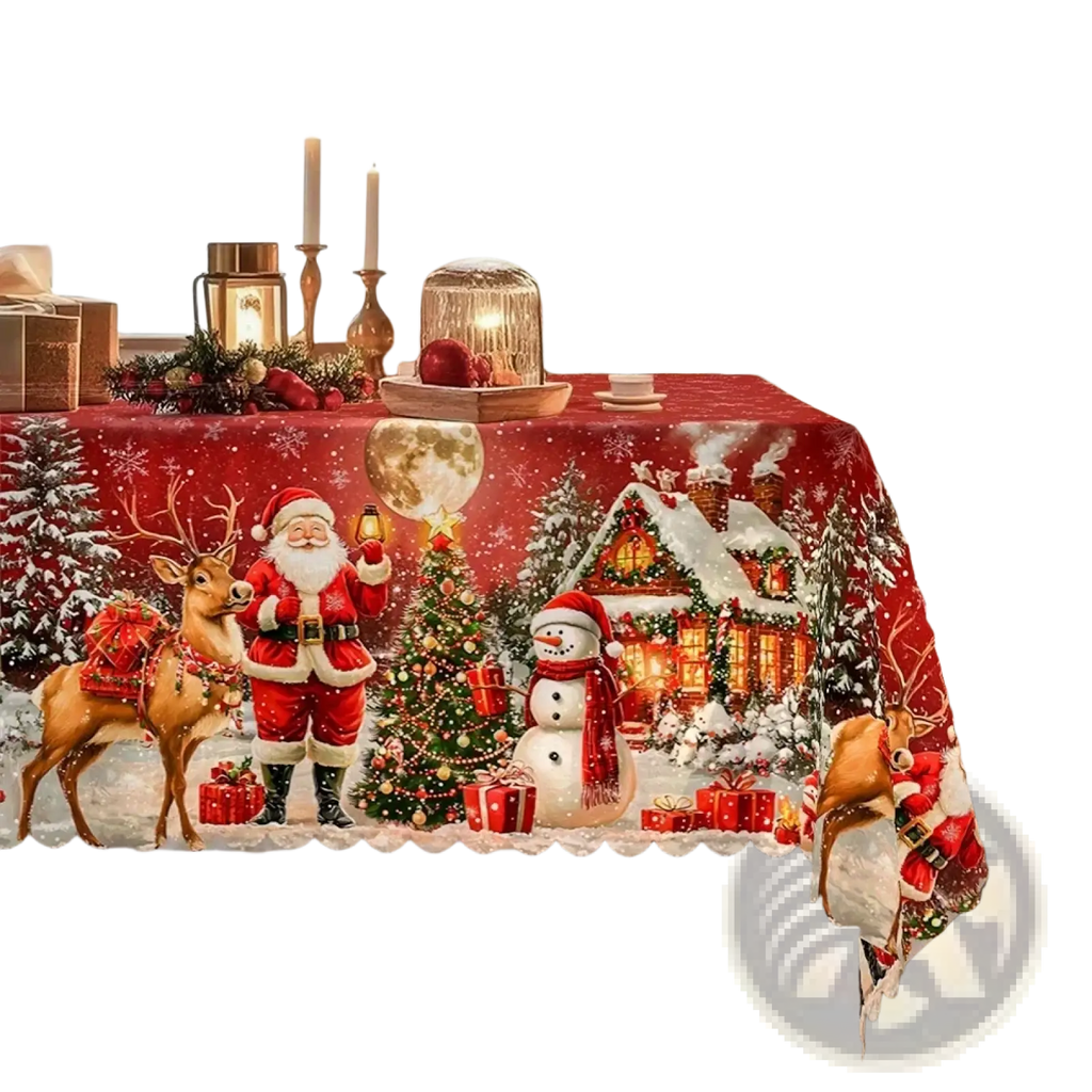 Christmas tablecloth red with santa lace trim featuring santa reindeer snowman and decorated snowy house design