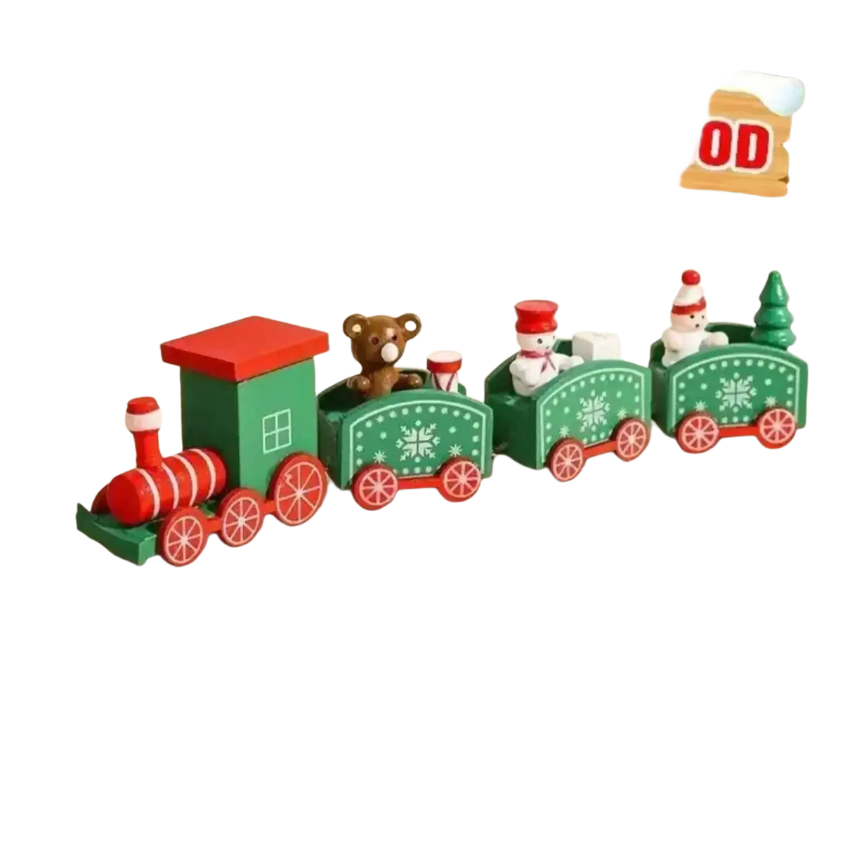 A festive green and red wooden christmas train merry with snowmen bear and tree christmas decoration for home 2026