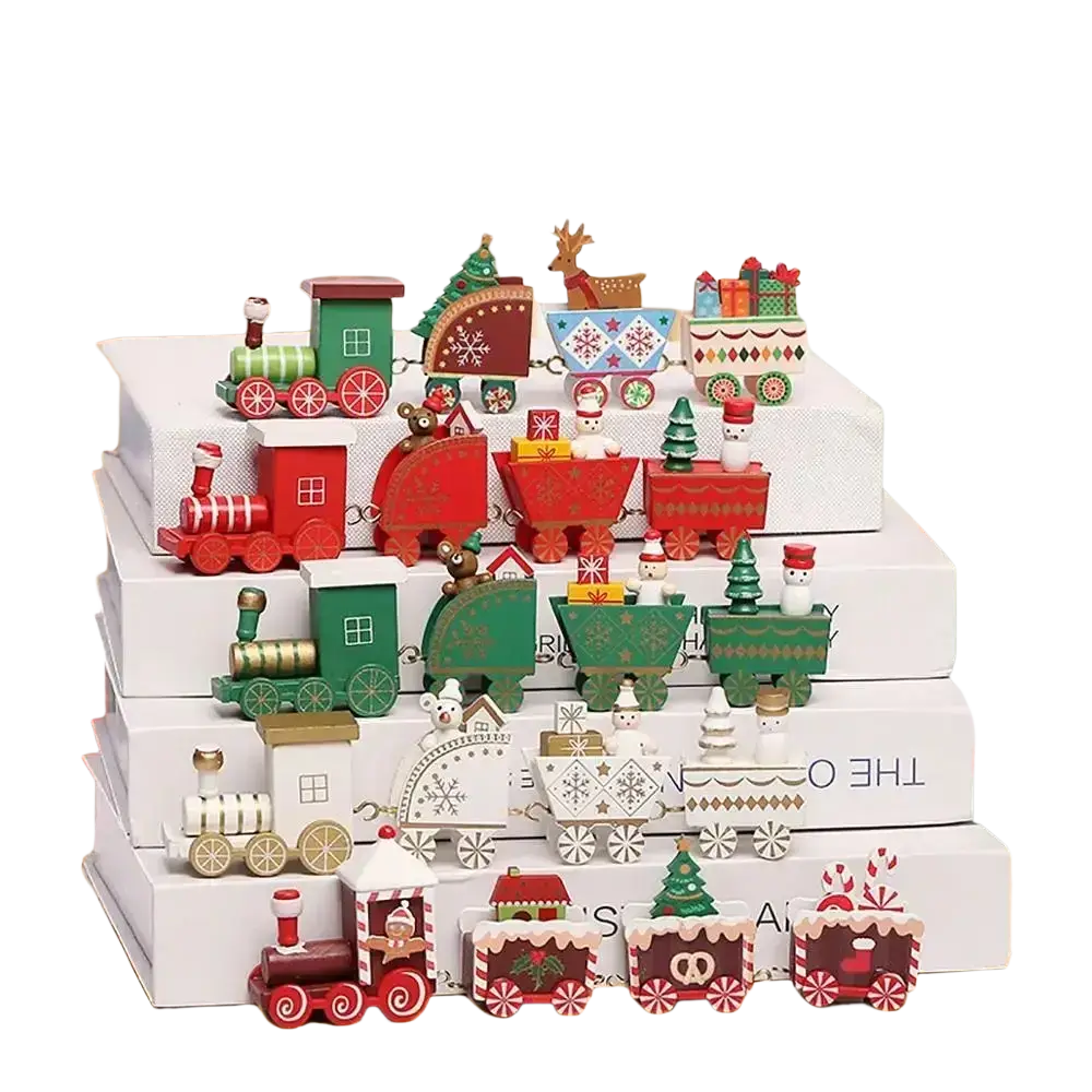 Wooden Christmas train holiday table decoration featuring colorful intricate designs in red green and white wood