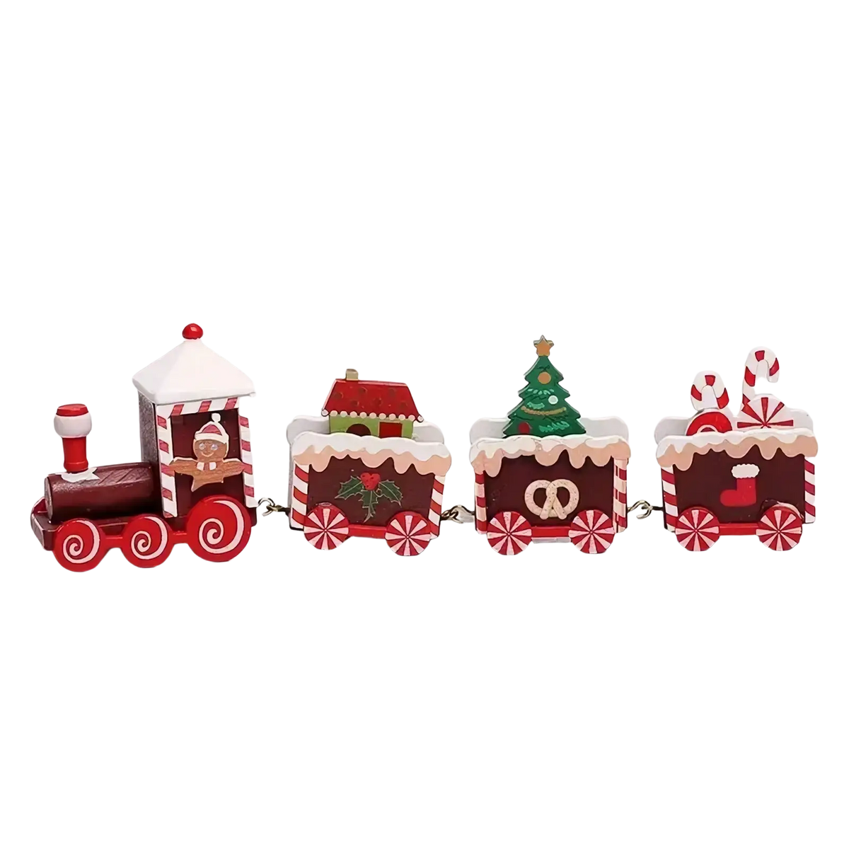 Wooden christmas train holiday table decoration in red and white with painted details and wooden material