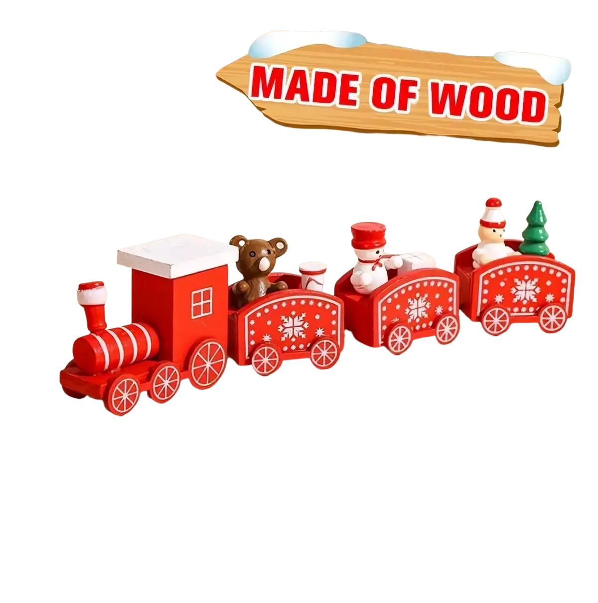 Red wooden Christmas train holiday table decoration with four snowflake carriages and miniature festive figurines