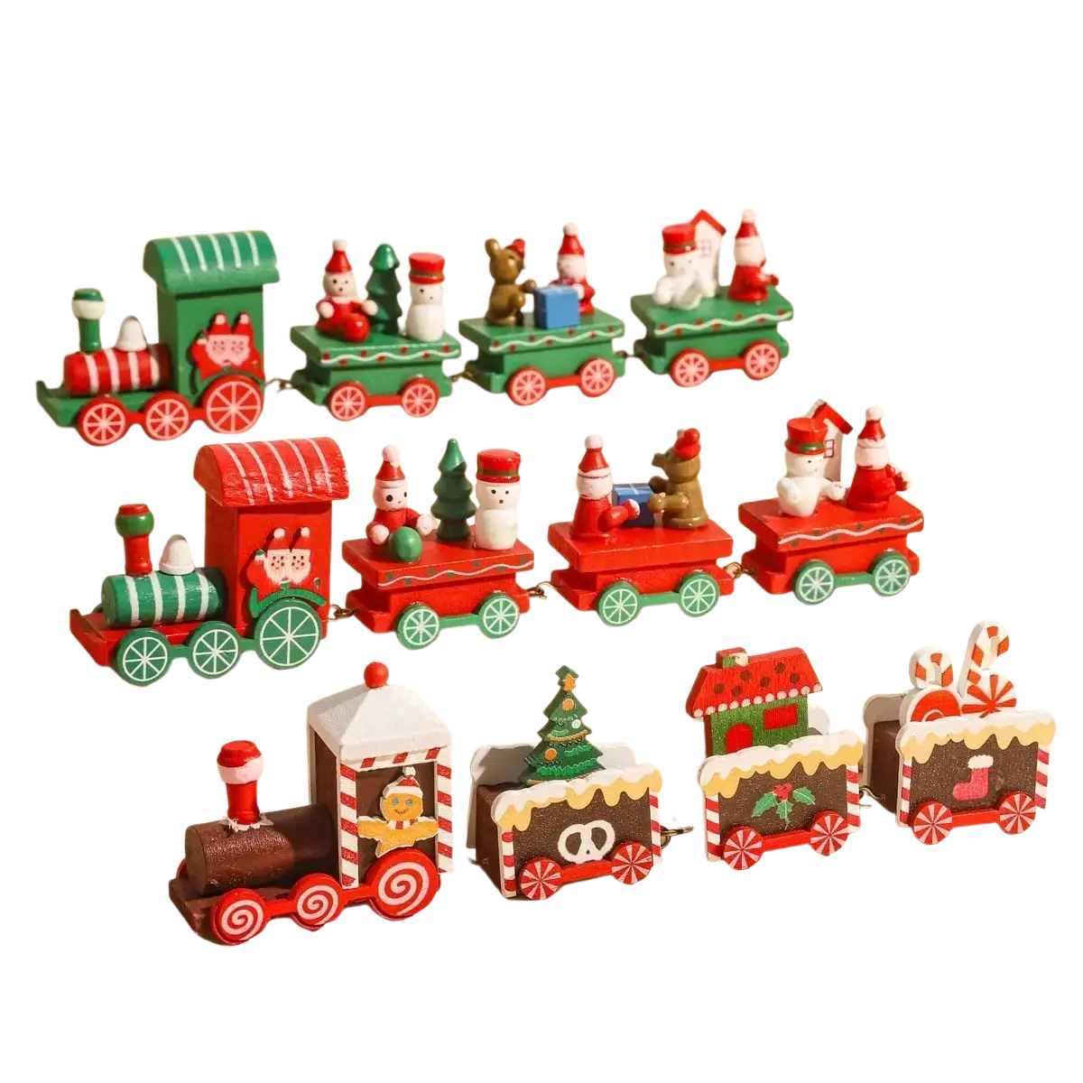 Wooden christmas train holiday table decoration with colorful painted cars featuring festive characters and decorations