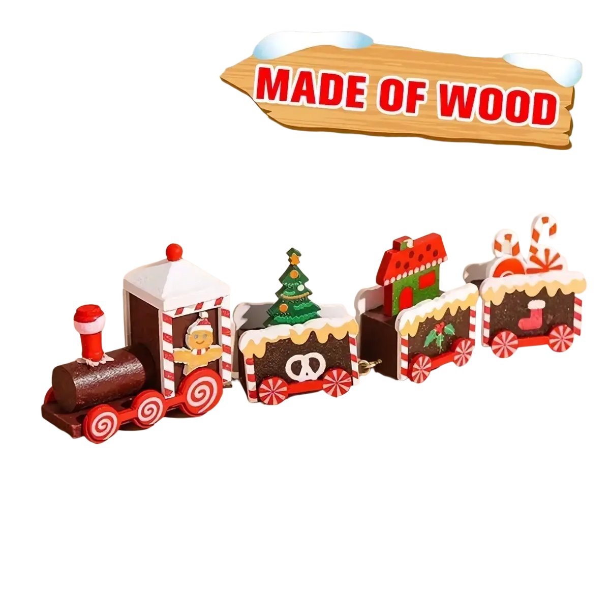 Wooden christmas train holiday table decoration with four red and white candy cane striped carriages and festive details