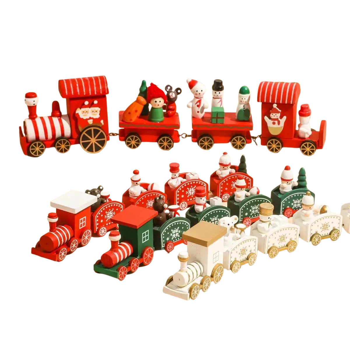 Wooden christmas train holiday table decoration featuring red and green painted wooden cars with snowmen figures