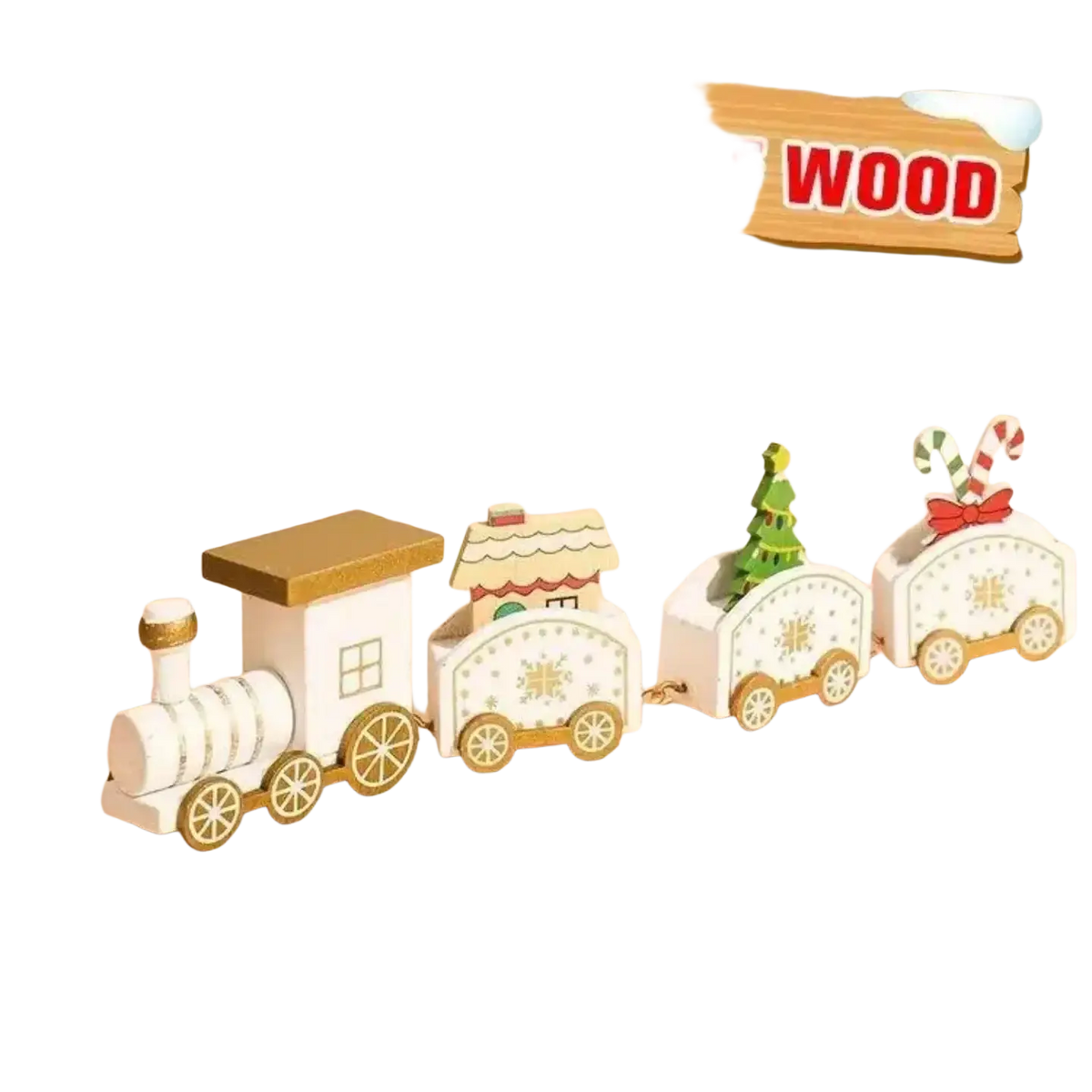 A charming white wooden Christmas train with gold accents and festive holiday decorations on each car