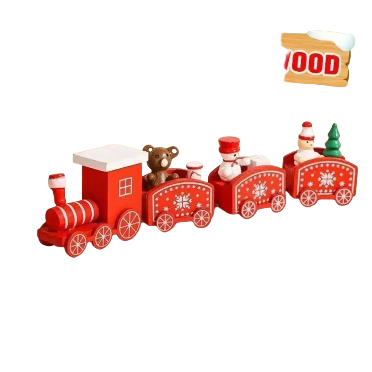 Red wooden christmas train merry with white snowflake decals and festive figurines for holiday home decoration 2026