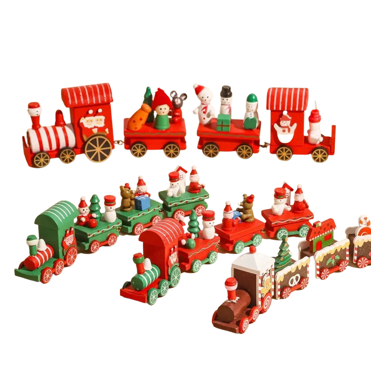 Wooden christmas train holiday table decoration in red and green with painted snowmen santa figures and festive details