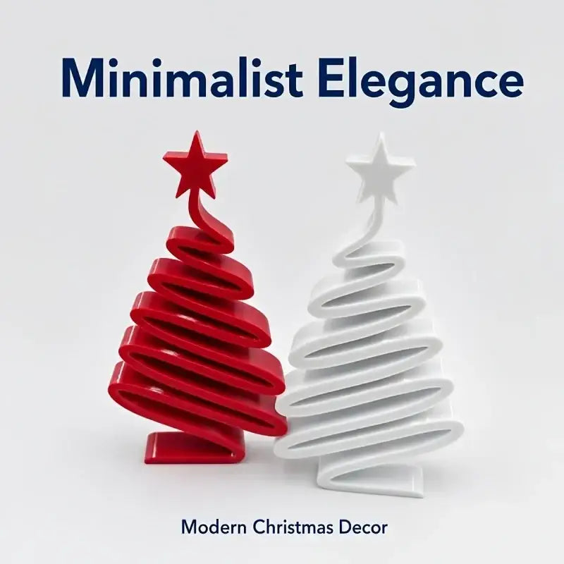 Red and white minimalist ceramic spiral christmas tree ornaments with star toppers for desktop decoration